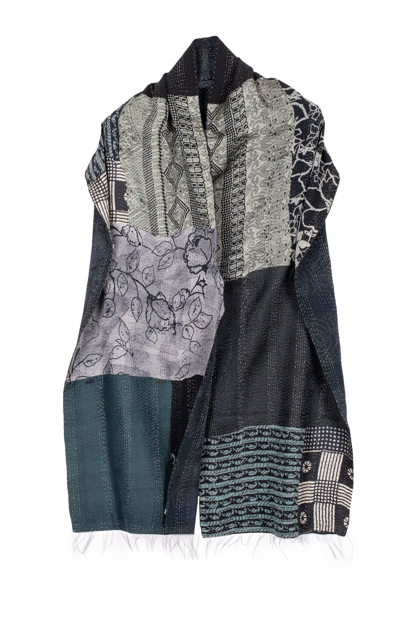 GEORGETTE VINTAGE SILK PATCH KANTHA SCARF SHORT - gs2805-blk -