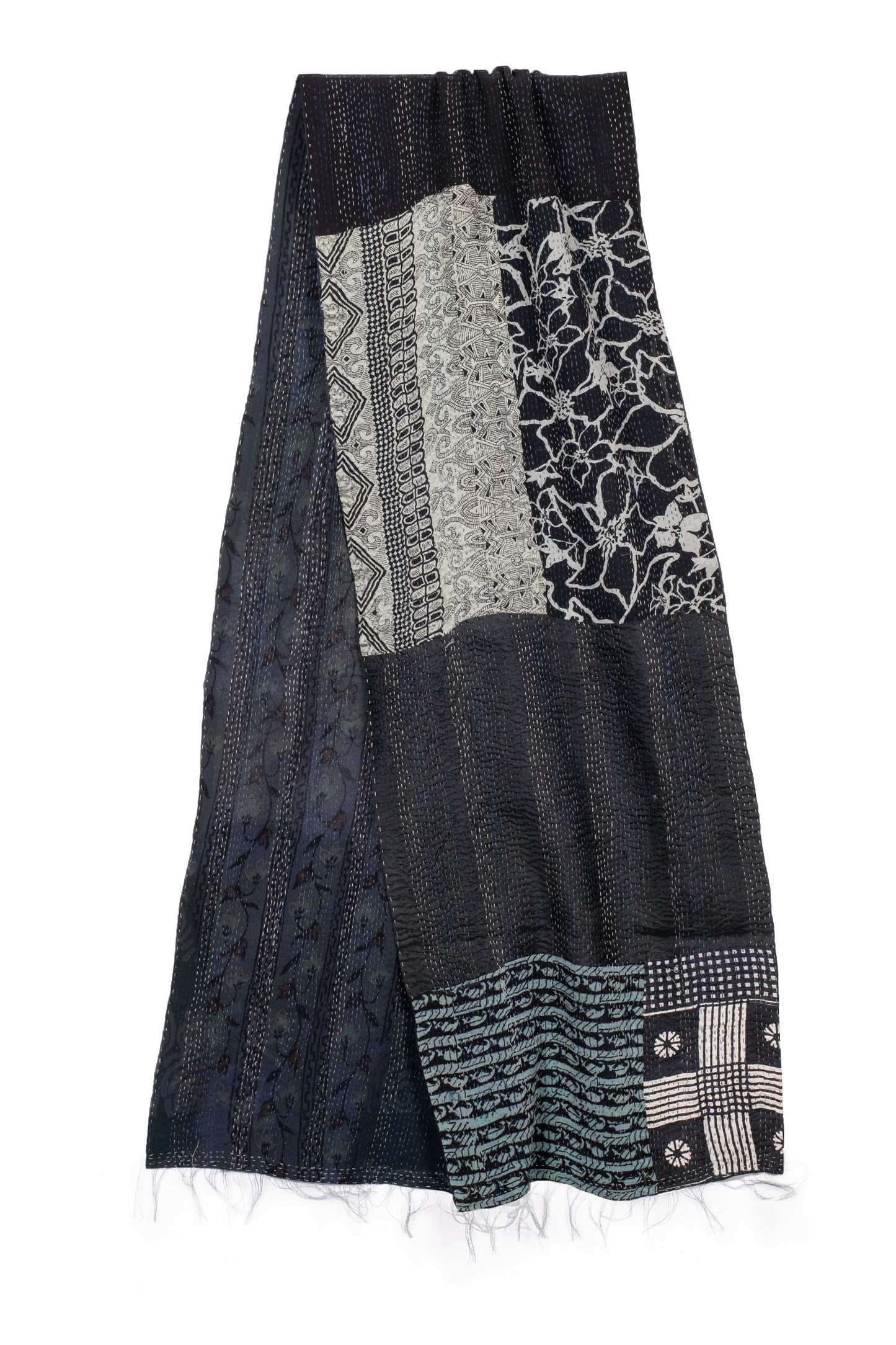 GEORGETTE VINTAGE SILK PATCH KANTHA SCARF SHORT - gs2805-blk -