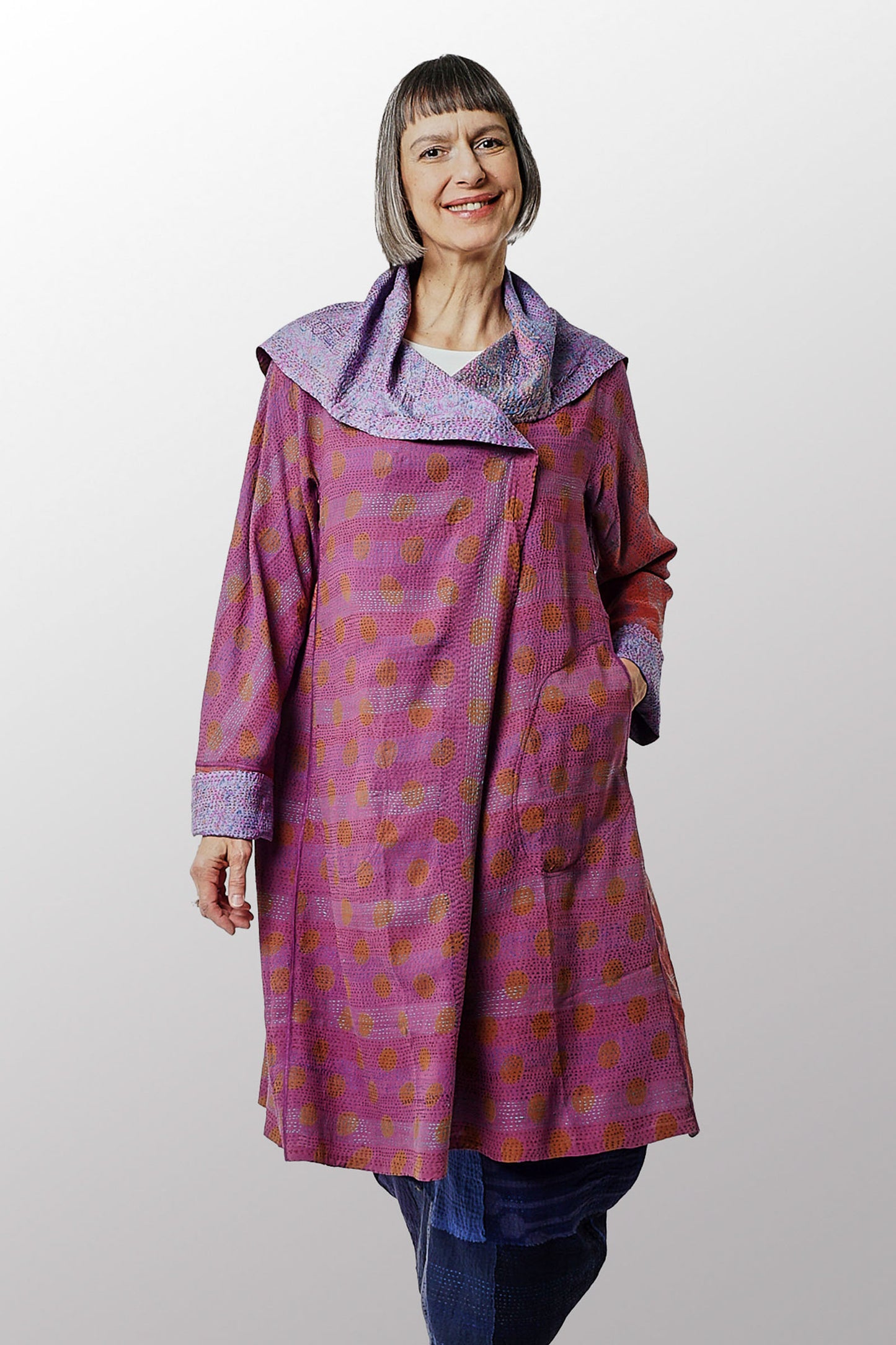 VINTAGE SILK GEORGETTE KANTHA A-LINE COAT - sg2309-0001a -