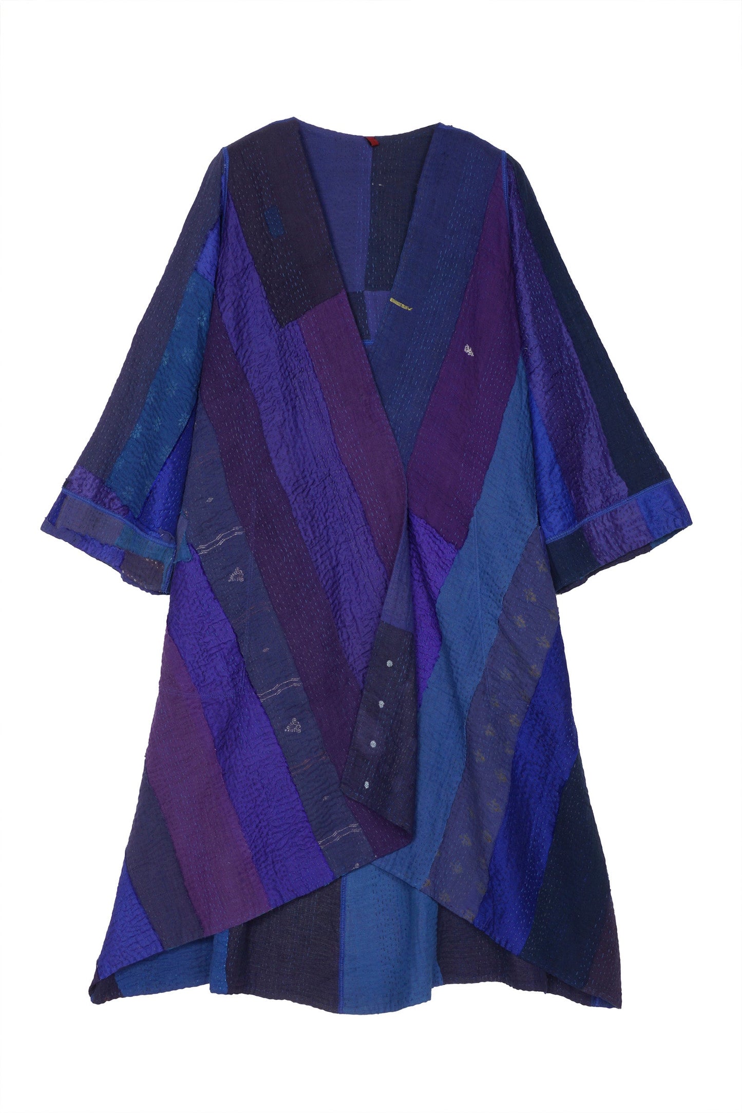 STRIPE AND CHECK COTTON SILK PATCH KANTHA WRAP FLARE COAT - ss4330-blu -