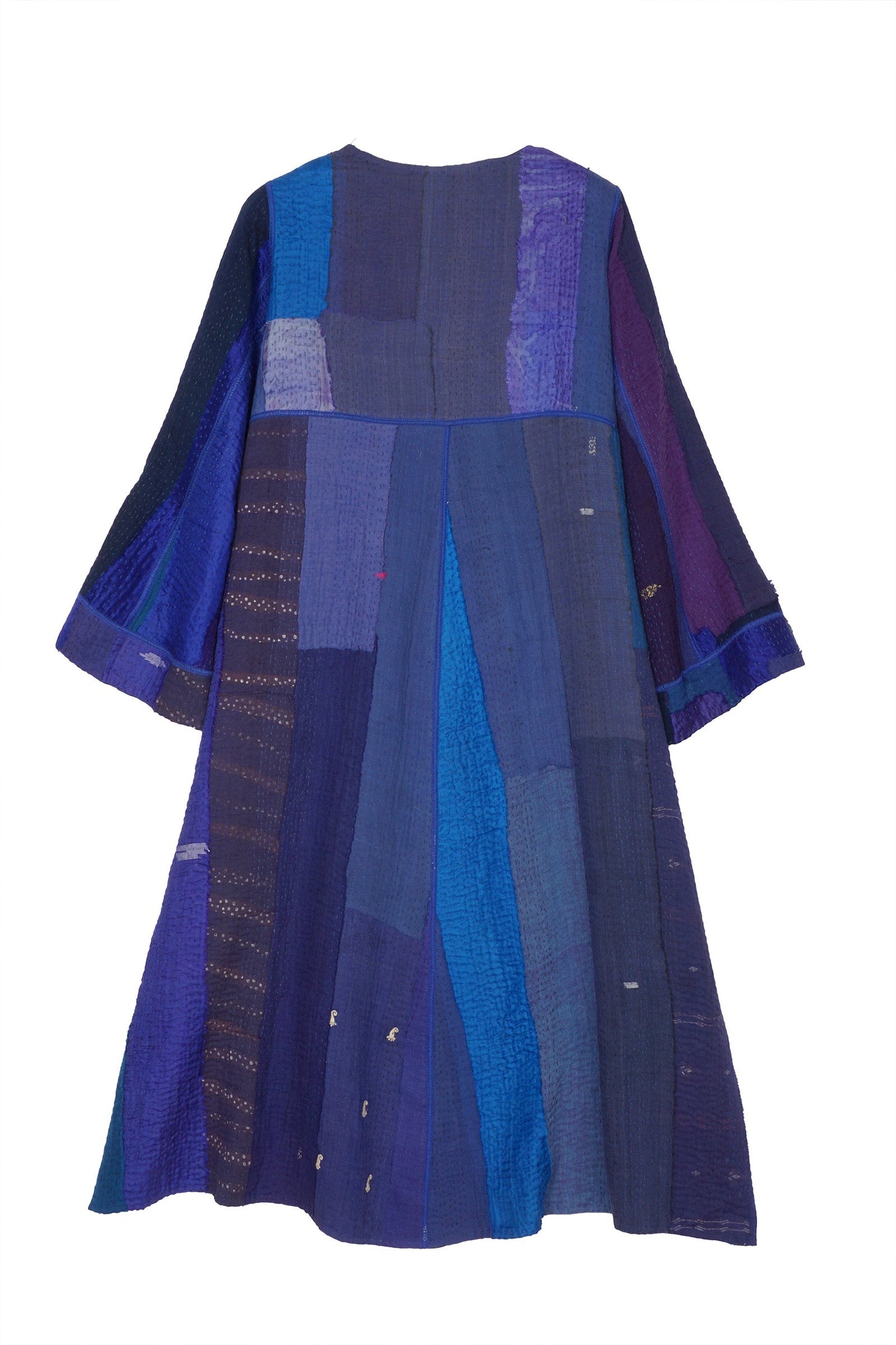STRIPE AND CHECK COTTON SILK PATCH KANTHA WRAP FLARE COAT - ss4330-blu -