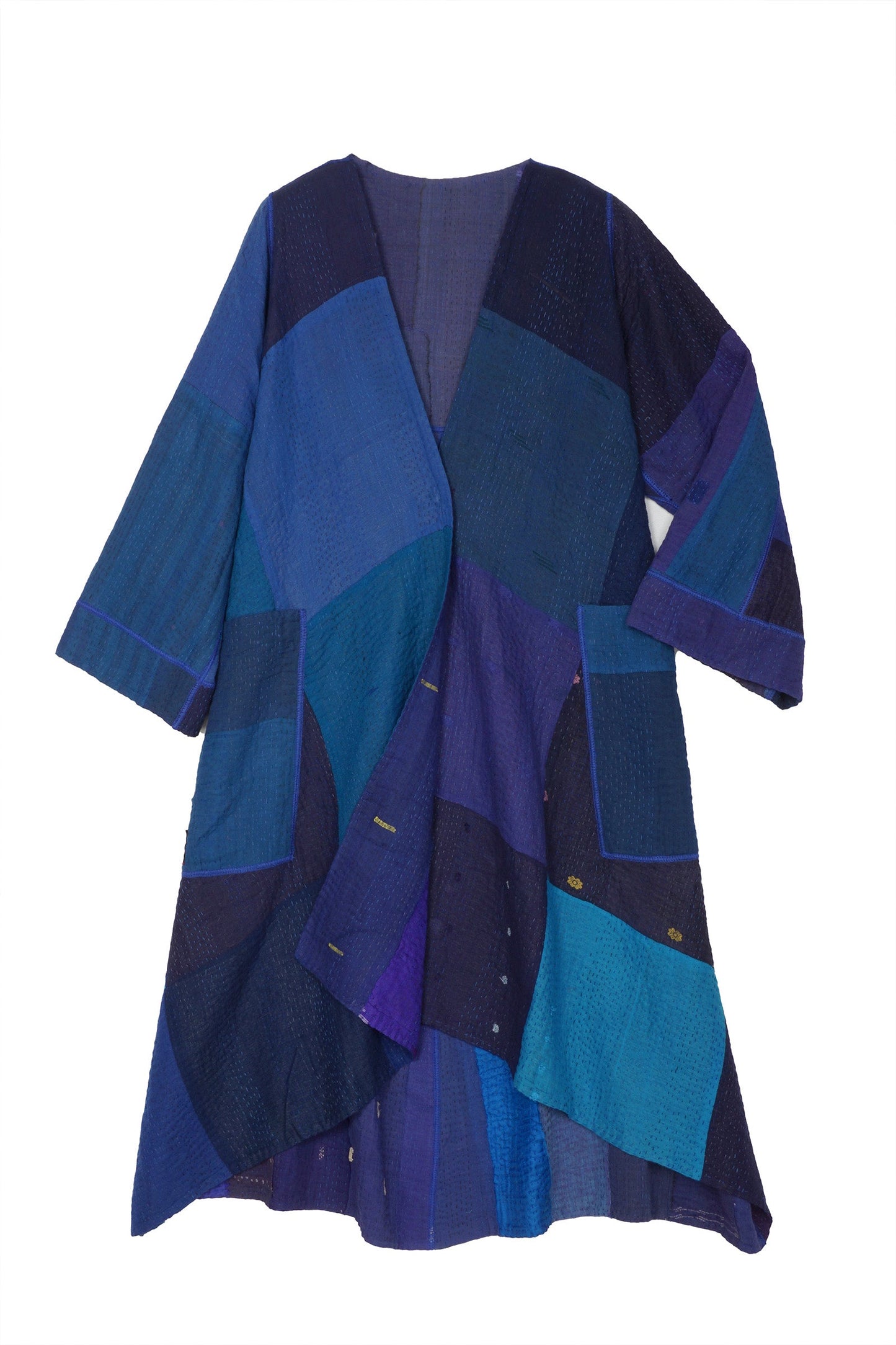 STRIPE AND CHECK COTTON SILK PATCH KANTHA WRAP FLARE COAT - ss4330-blu -