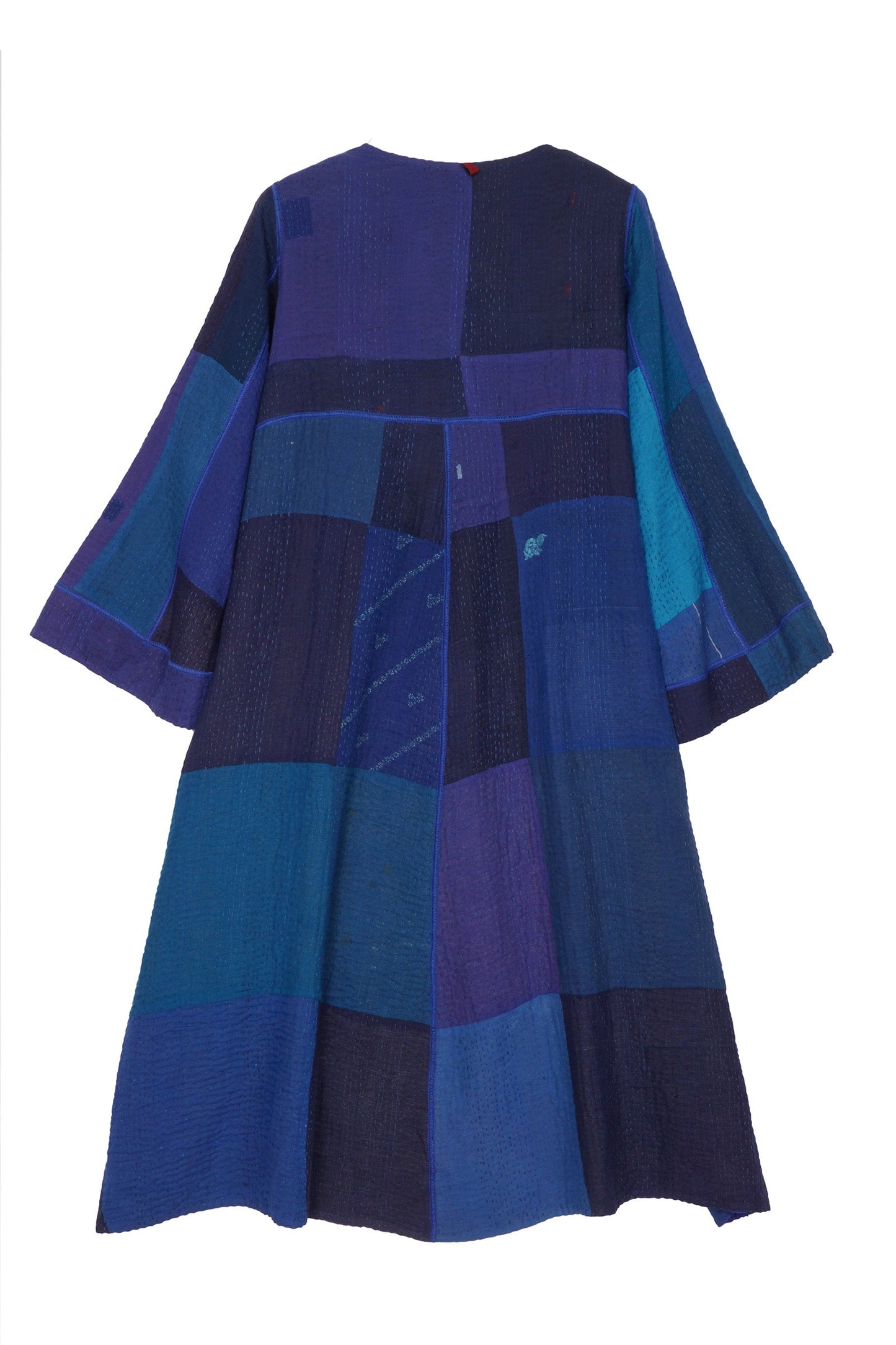 STRIPE AND CHECK COTTON SILK PATCH KANTHA WRAP FLARE COAT - ss4330-blu -