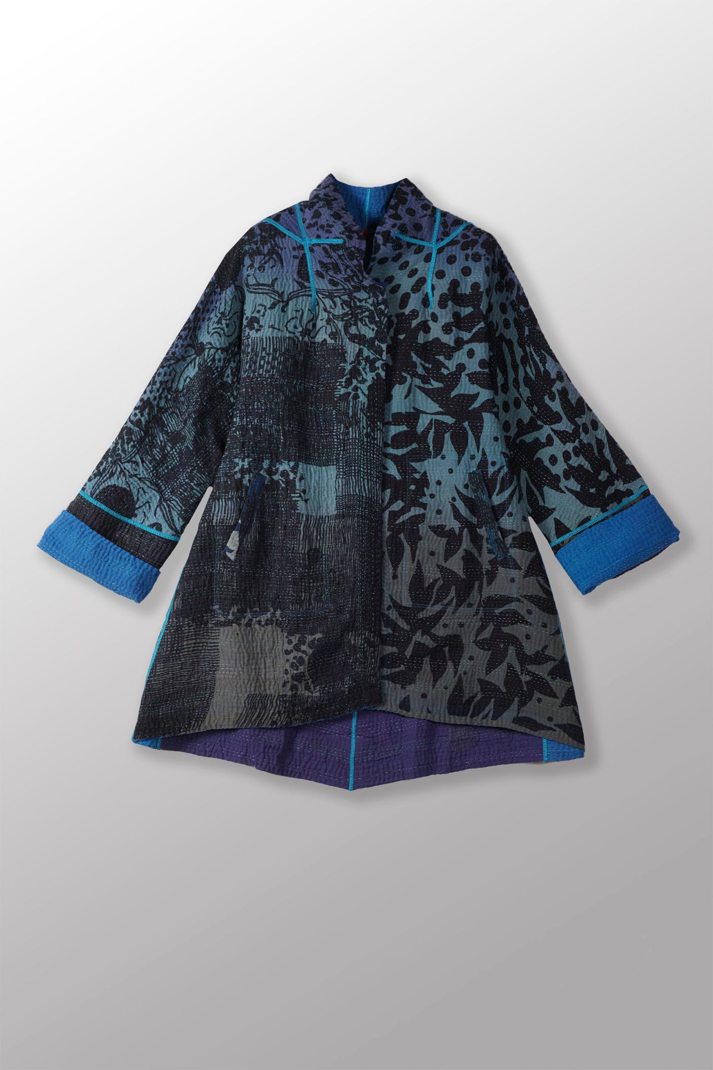 MONOTONE TWILIGHT PRINT KANTHA FLARE LONG JKT - tp4021-blu -