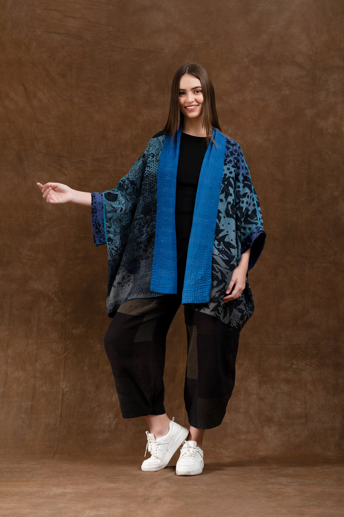 MONOTONE TWILIGHT PRINT KANTHA A-LINE COAT P - tp4336-cblua -
