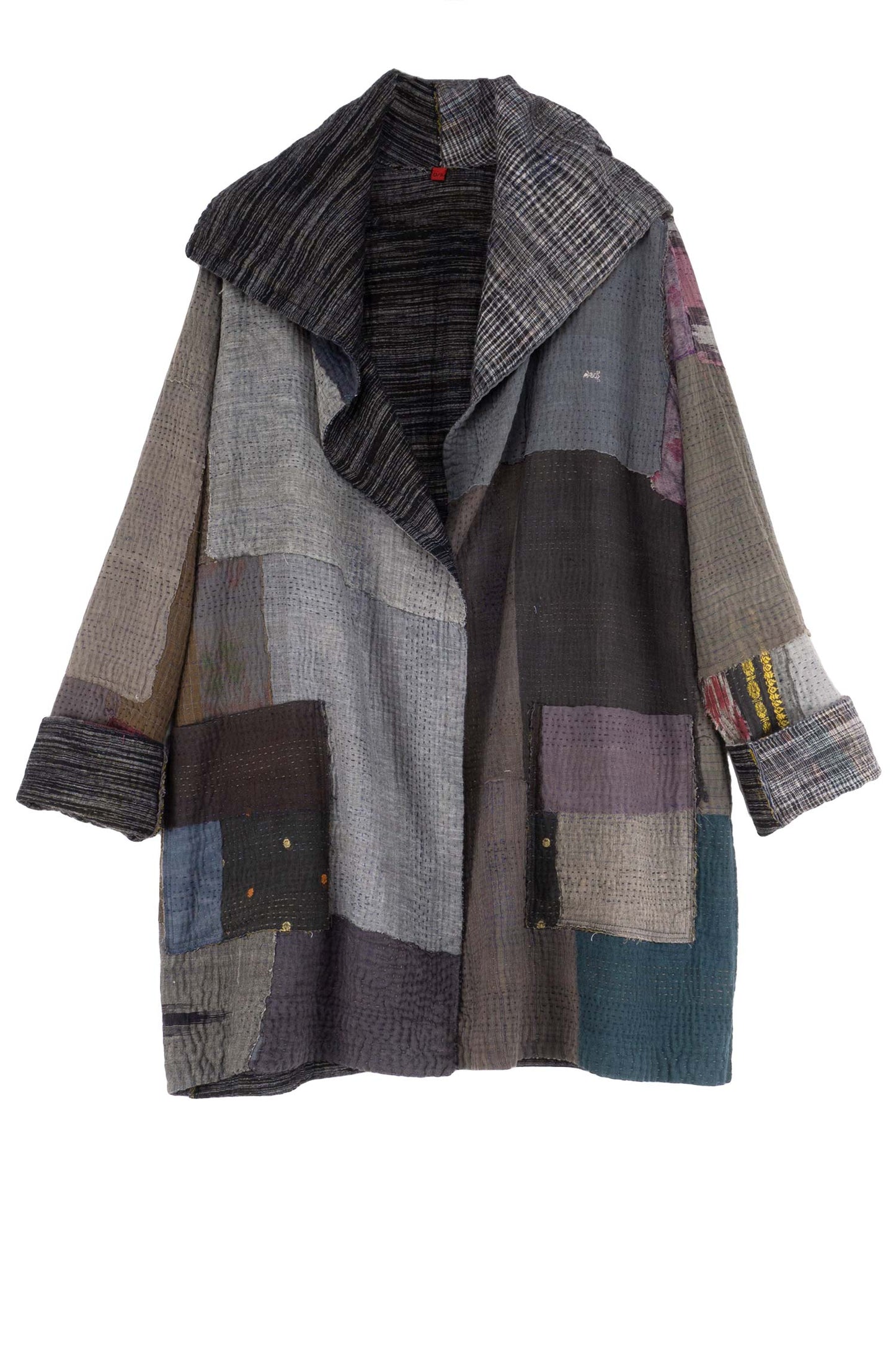 WOVEN IKAT & FRAYED PATCH KANTHA POCKET JKT - wk4002-gry -