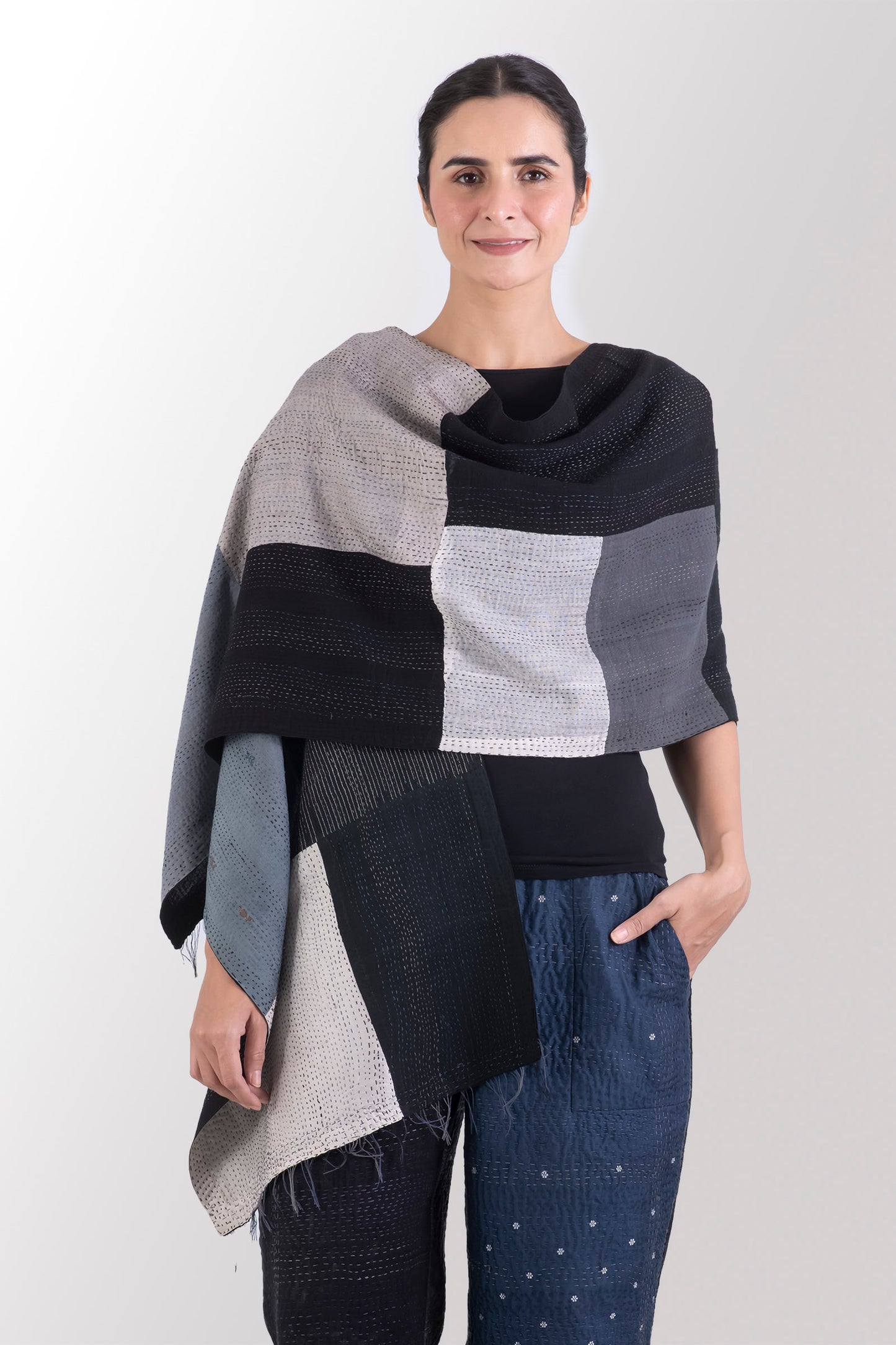 COTTON SILK SW PATCH OMBRE KANTHA SCARF STANDARD - wo2801-blk -