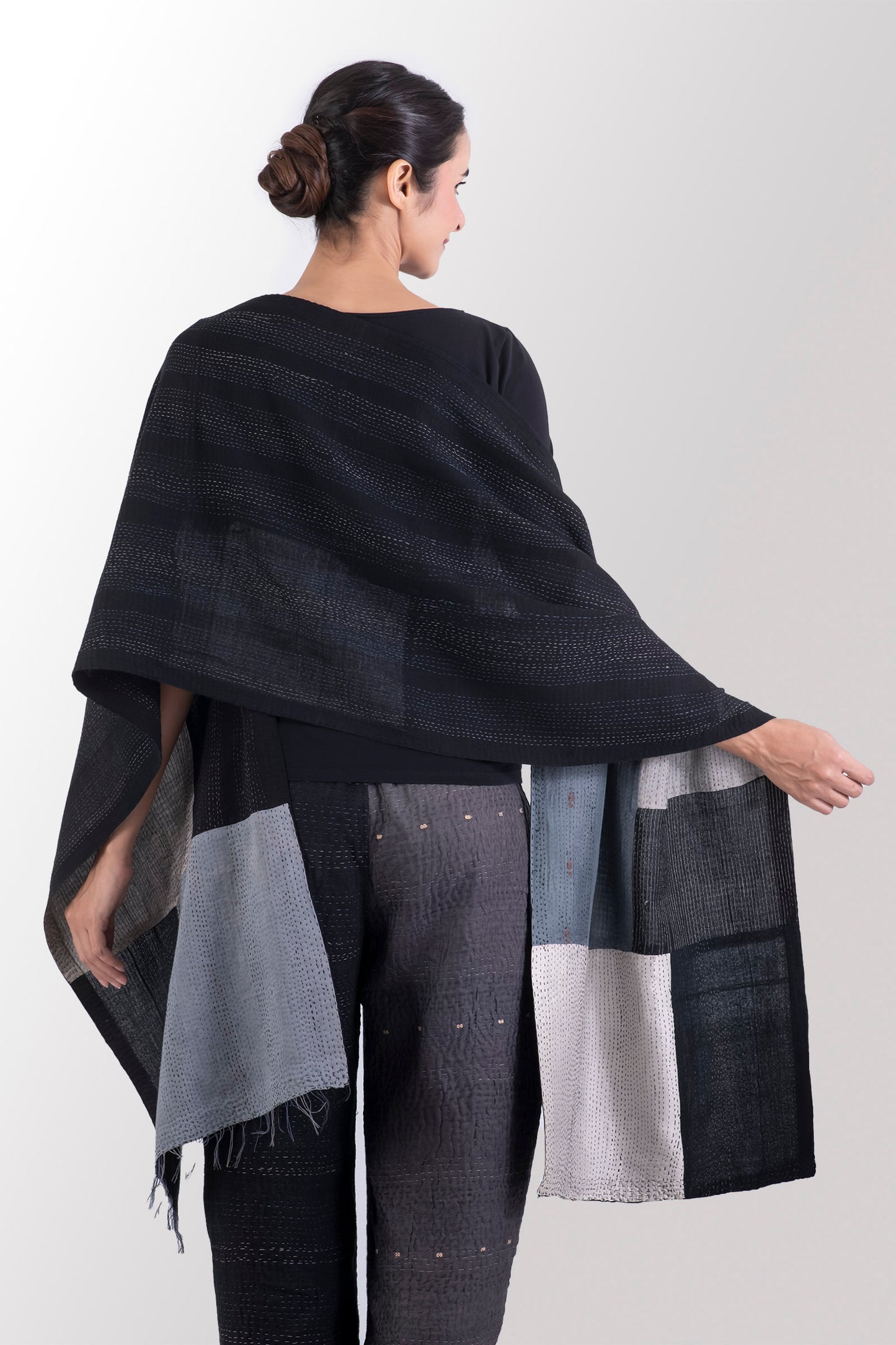 COTTON SILK SW PATCH OMBRE KANTHA SCARF STANDARD - wo2801-blk -