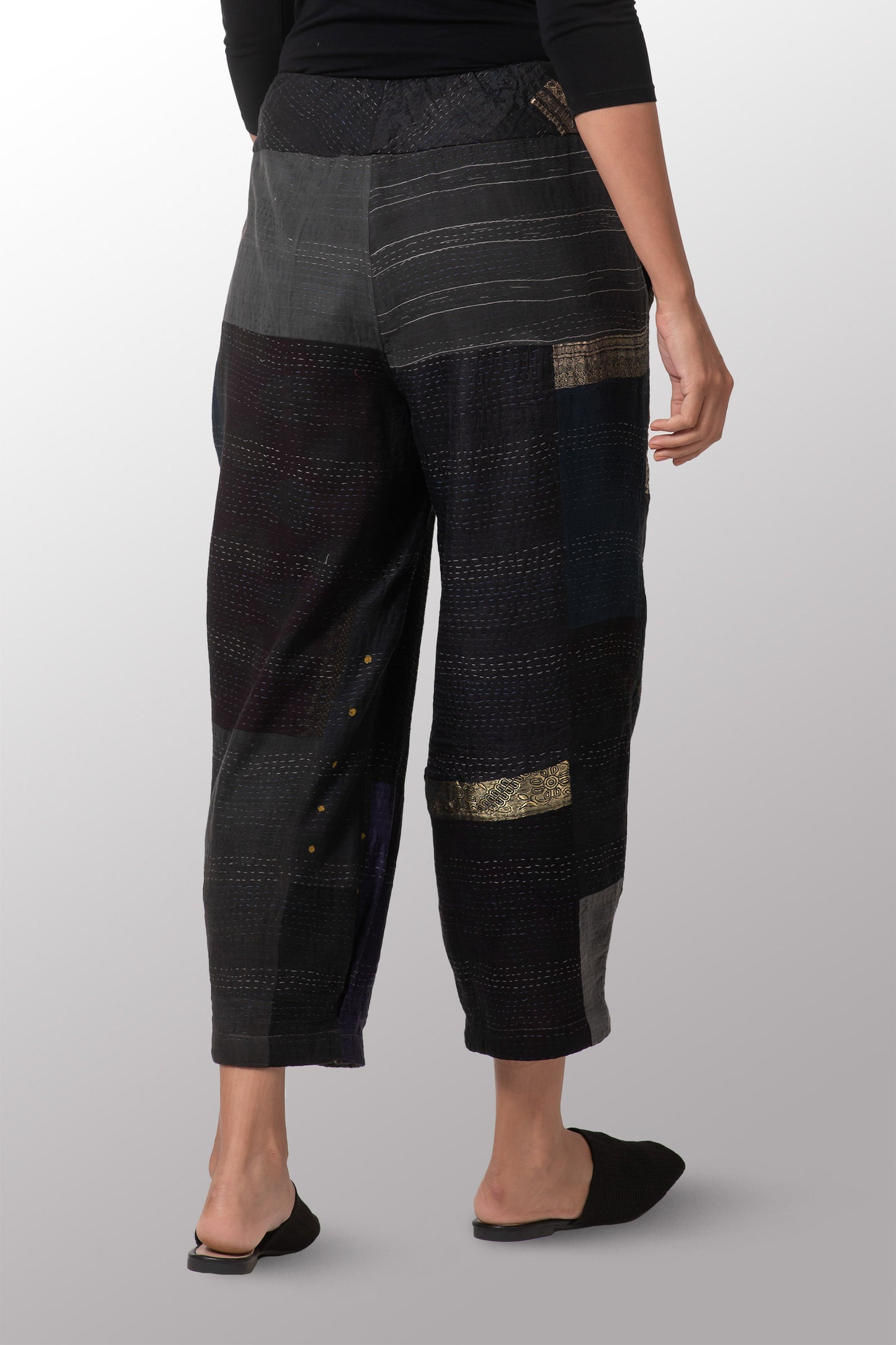 COTTON SILK SW PATCH KANTHA NEW LANTERN PANTS - ws2651-blk -