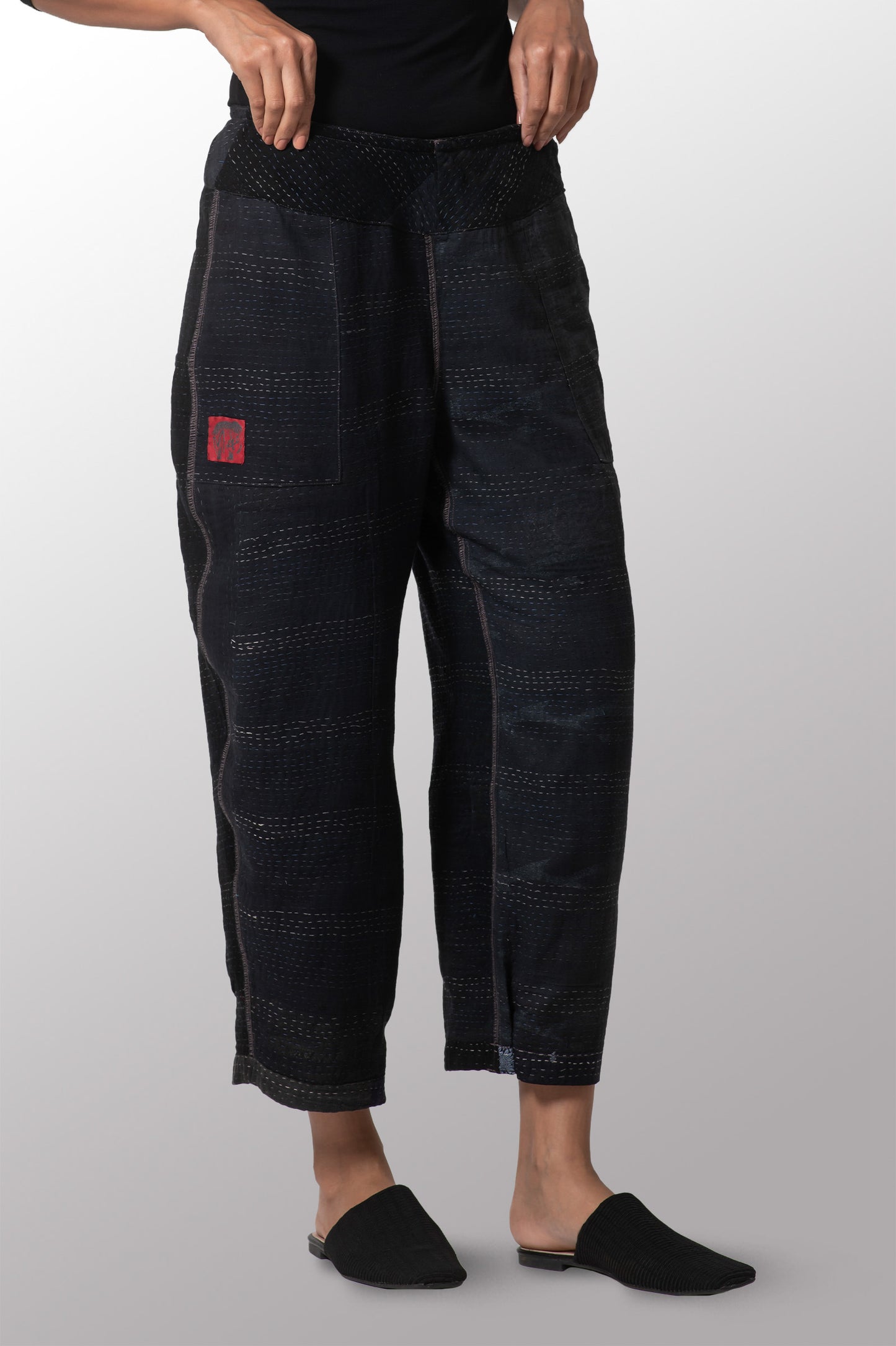 COTTON SILK SW PATCH KANTHA NEW LANTERN PANTS - ws2651-blk -