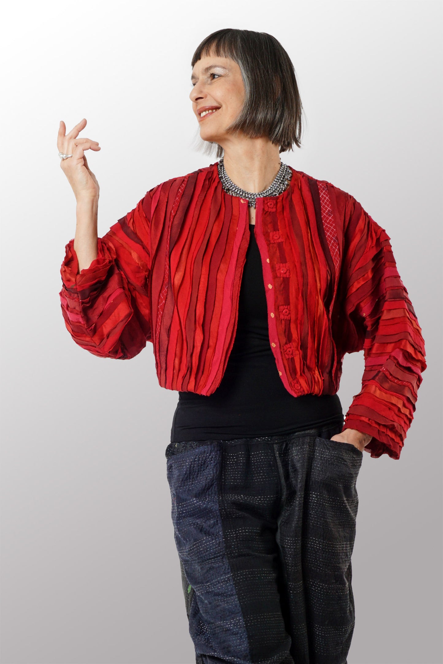 WAVY STRIPE KANTHA CRWE NECK WIDE SLV. JACKET - wv2078-red -