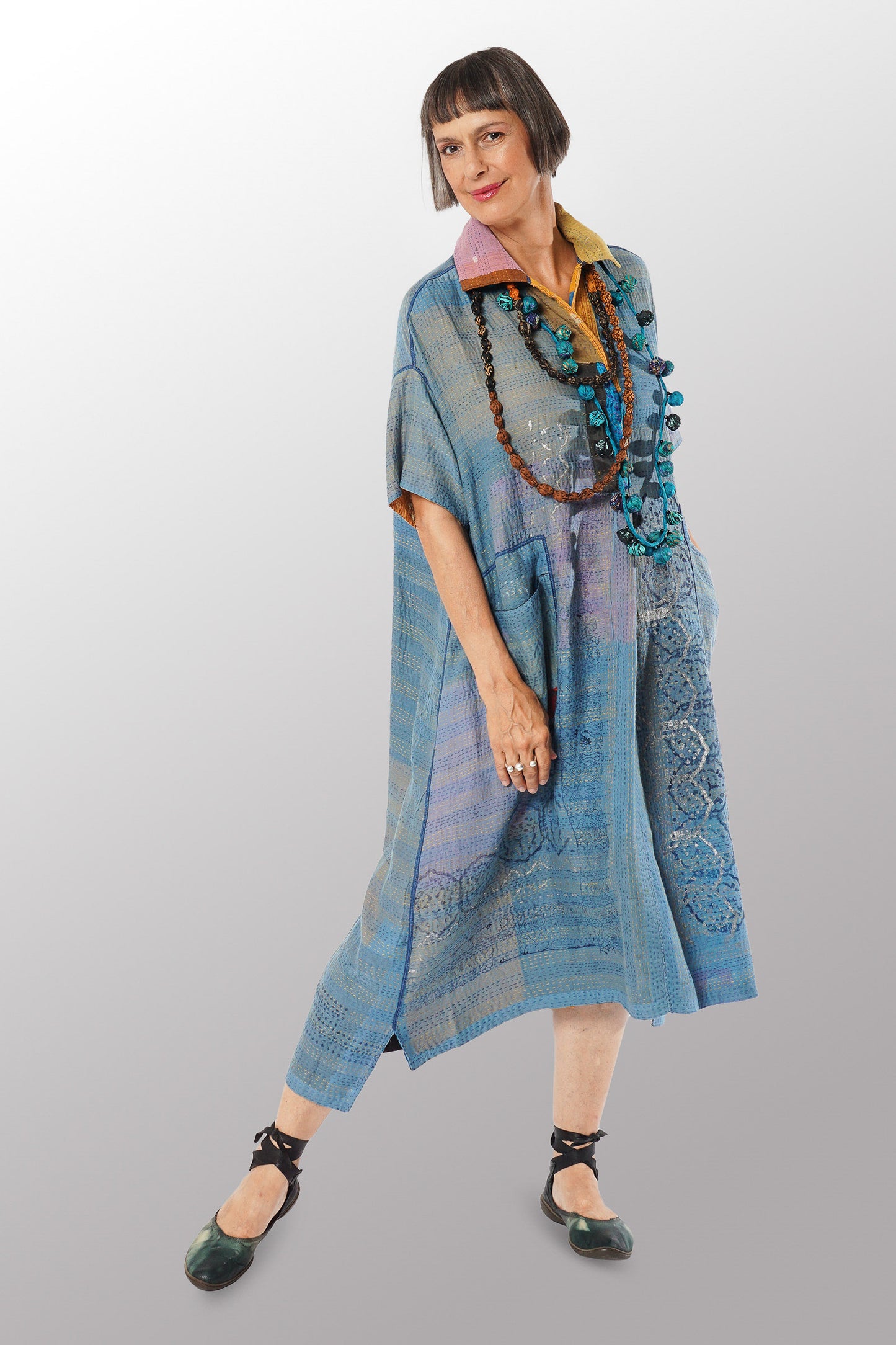 MOSAIC FRAY PATCH KANTHA WITH BLOCK WING COLLAR DRESS - zb2454-mlt -
