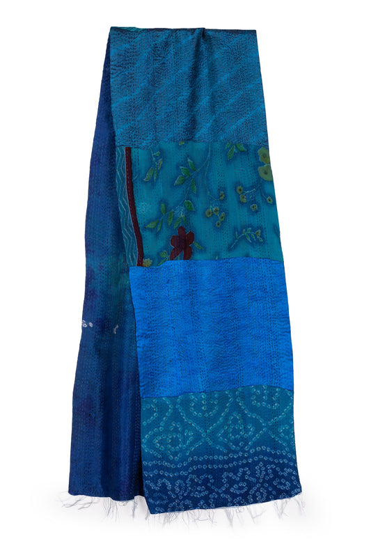 GEORGETTE JACQUARD VINTAGE SILK PATCH KANTHA SCARF SHORT - gj2805-blu -