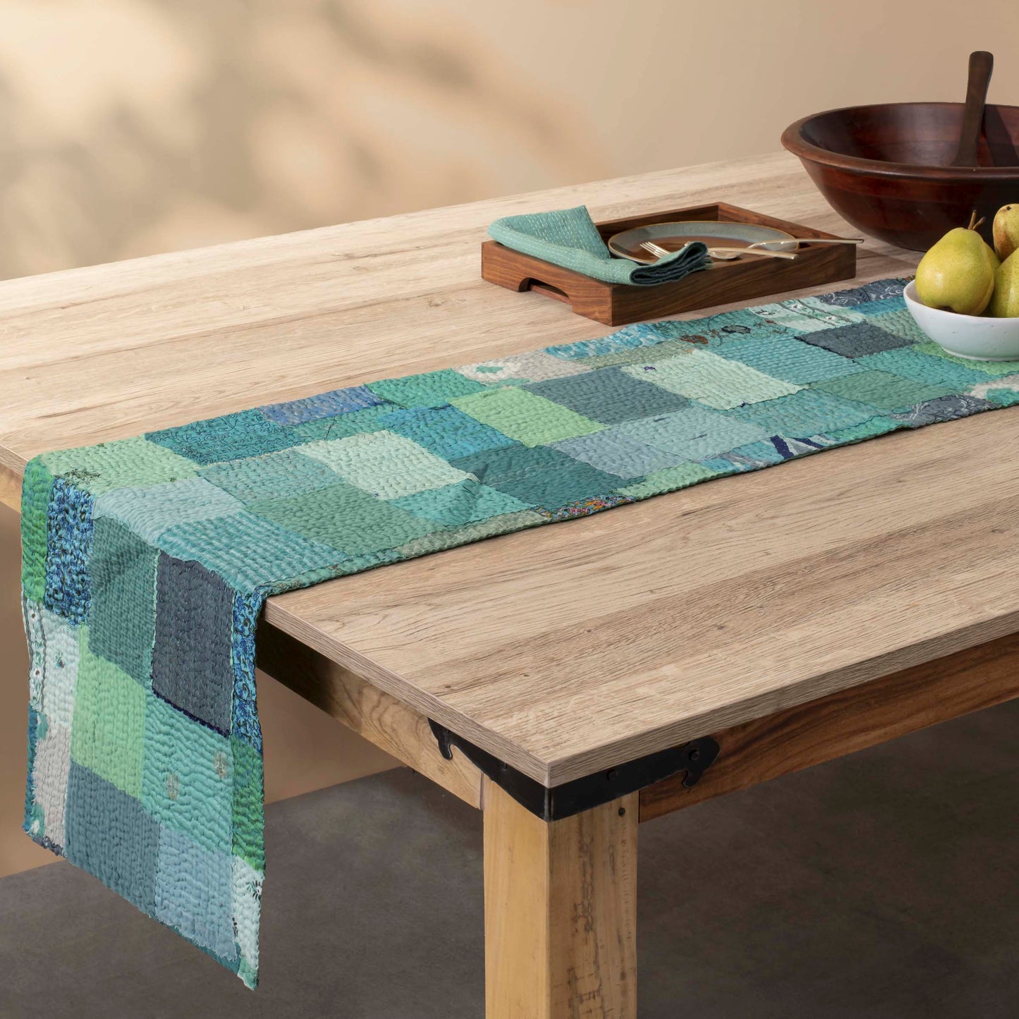 Printed Fray Vintage Cotton Kantha Table Runner -Sage -