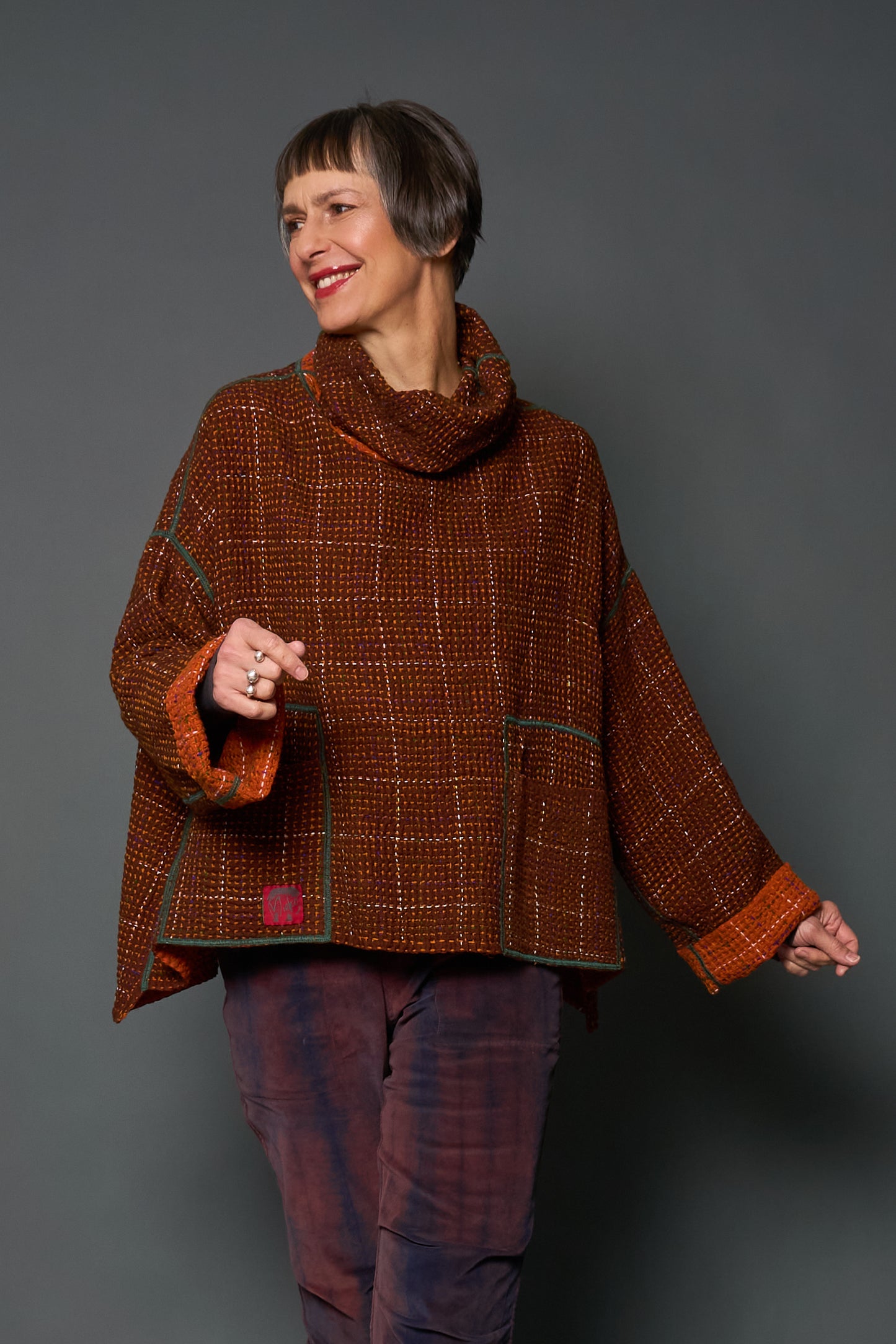 WOOL WAFFLE KANTHA NEW COWL NECK PONCHO - ww3083-org -