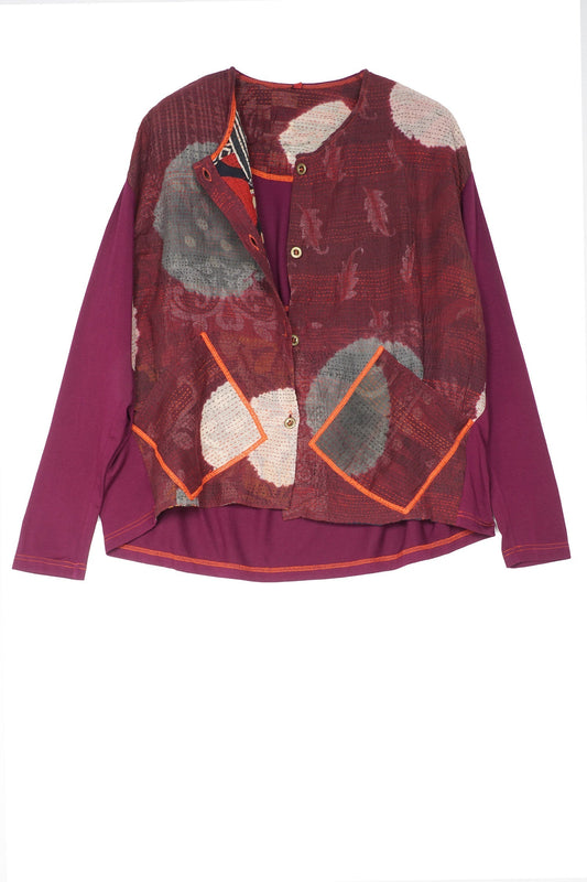 PATCH & CIRCLE PRINT KANTHA AND KNIT SHORT JKT - pc2029-red -