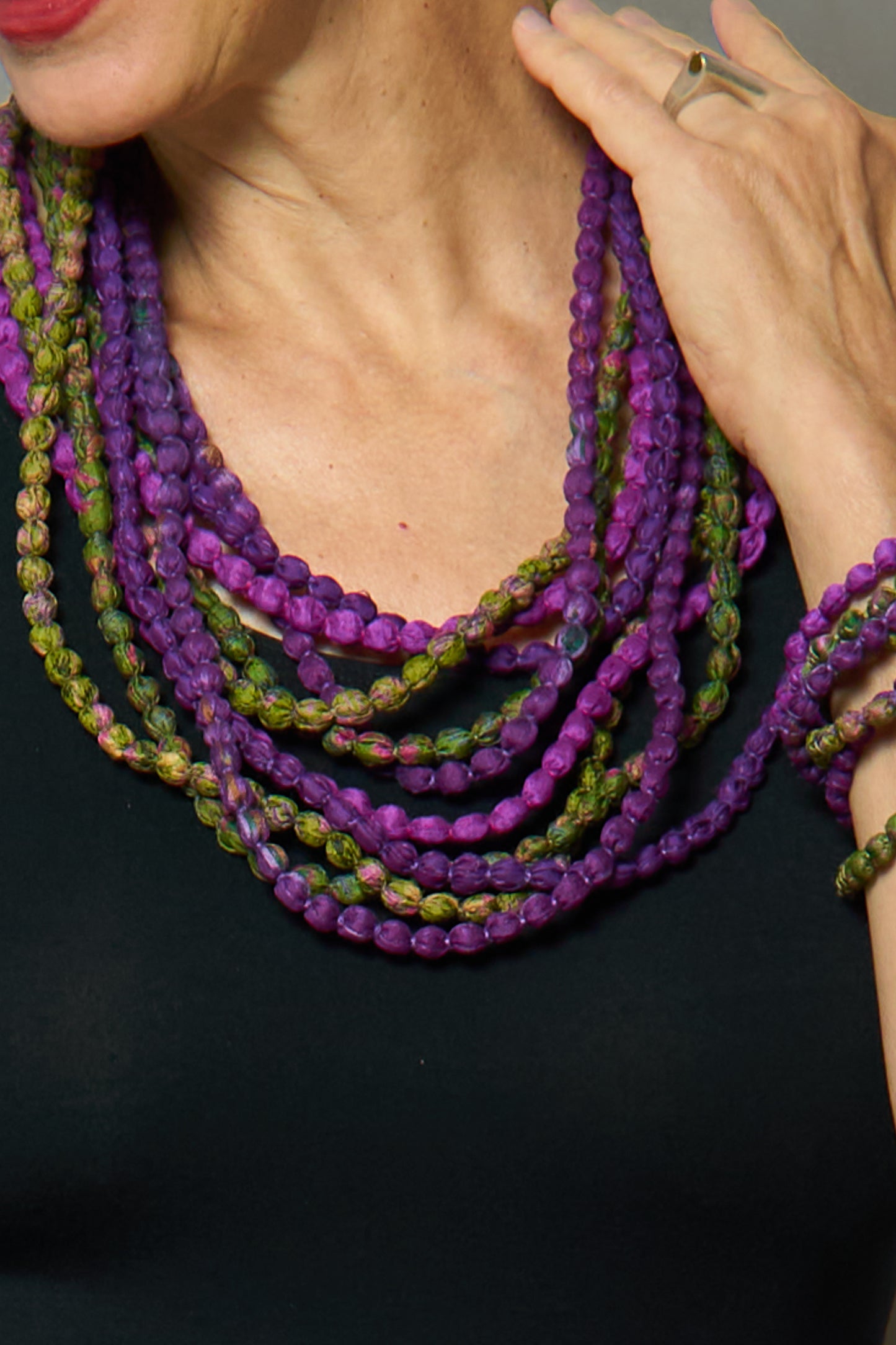 VINTAGE SILK KANTHA 5 STRAND NECKLACE - sv2730-prp -
