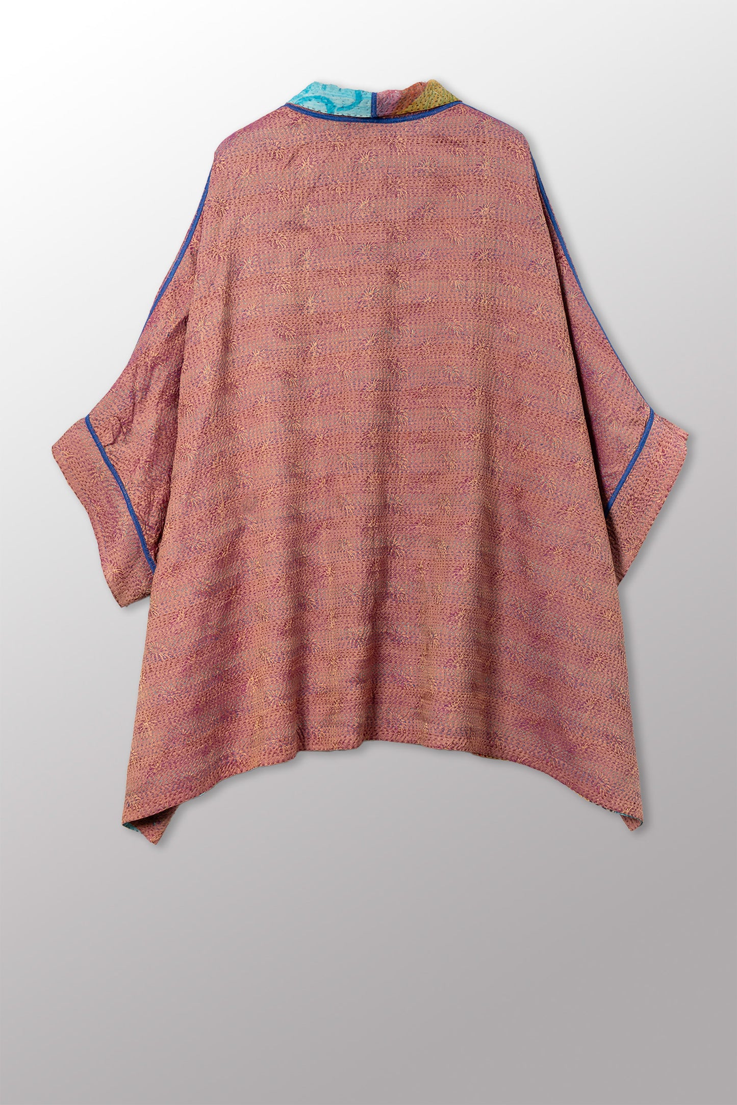 GEORGETTE JACQUARD VINTAGE SILK PATCH KANTHA DOUBLE COLLAR PONCHO - gj2323-0003a -