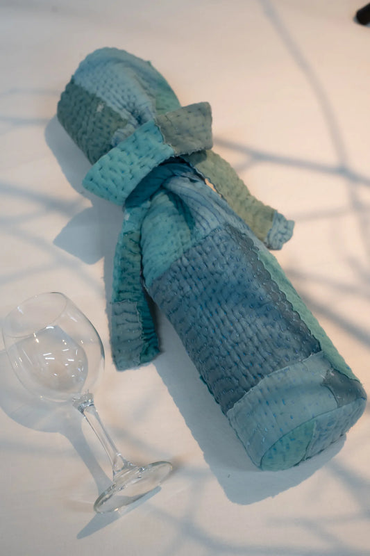 Mosaic Fray Handmade Vintage Kantha Wine Bag -Cornflower