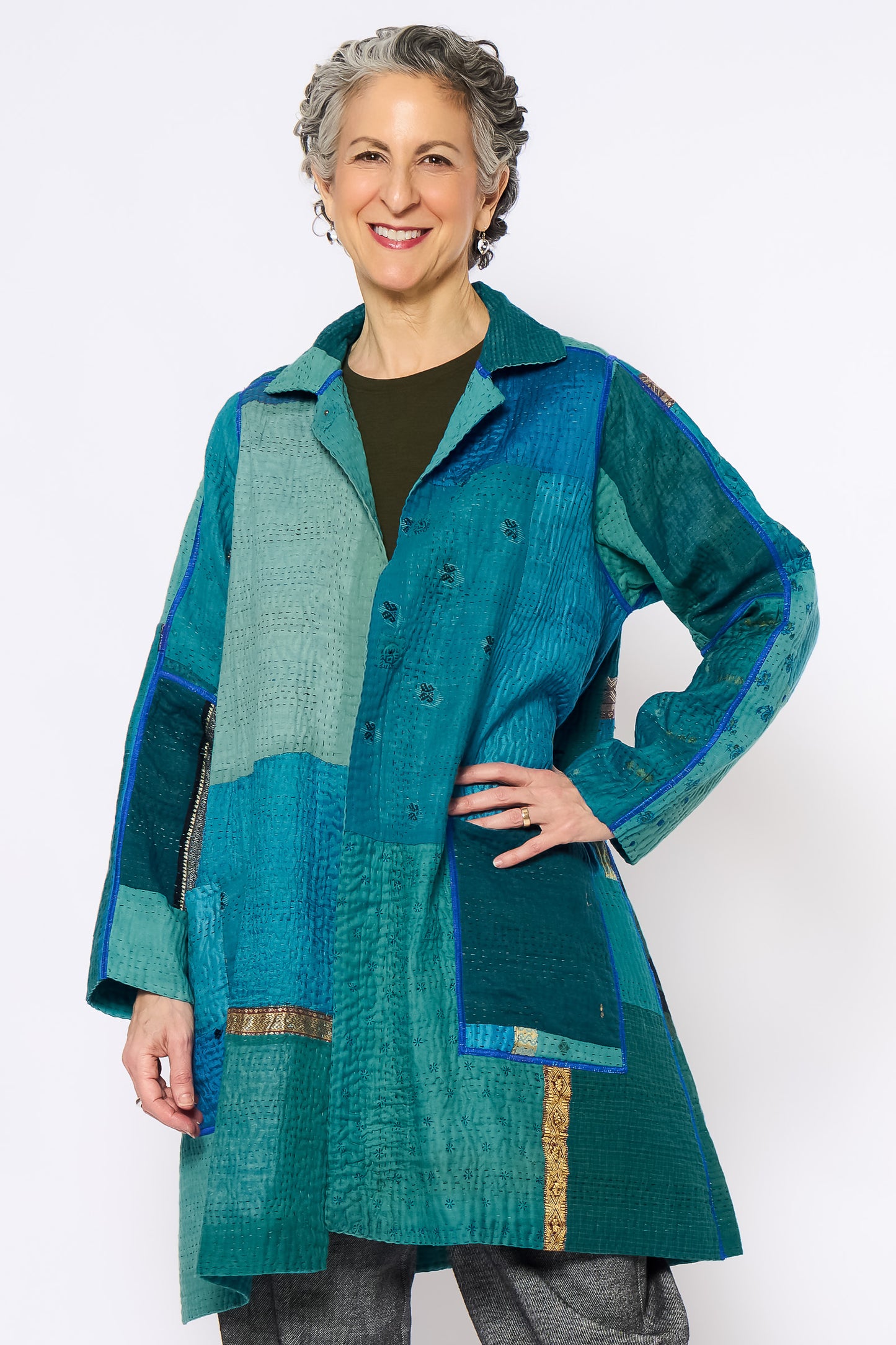 COTTON SILK SW PATCH KANTHA A-LINE DUSTER - ws4311-tuq -