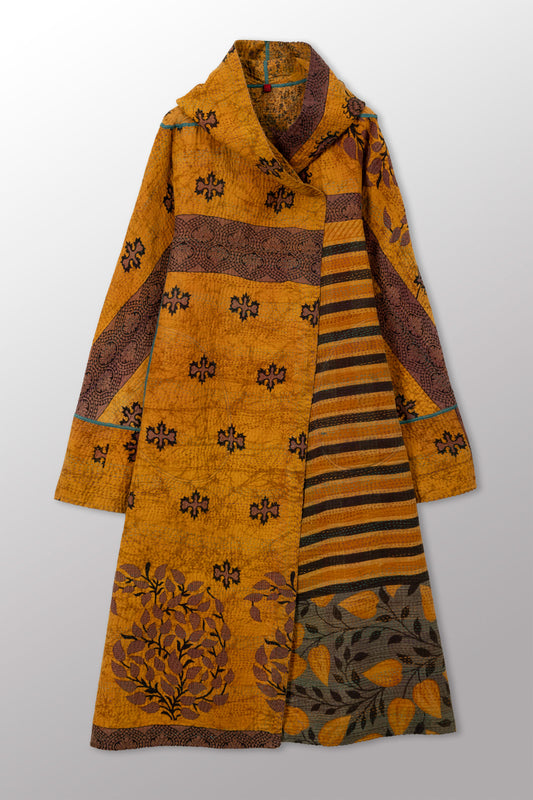 COTTON OVERDYE KANTHA HOODED A-LINE LONG COAT - ov4306-cylw001a -