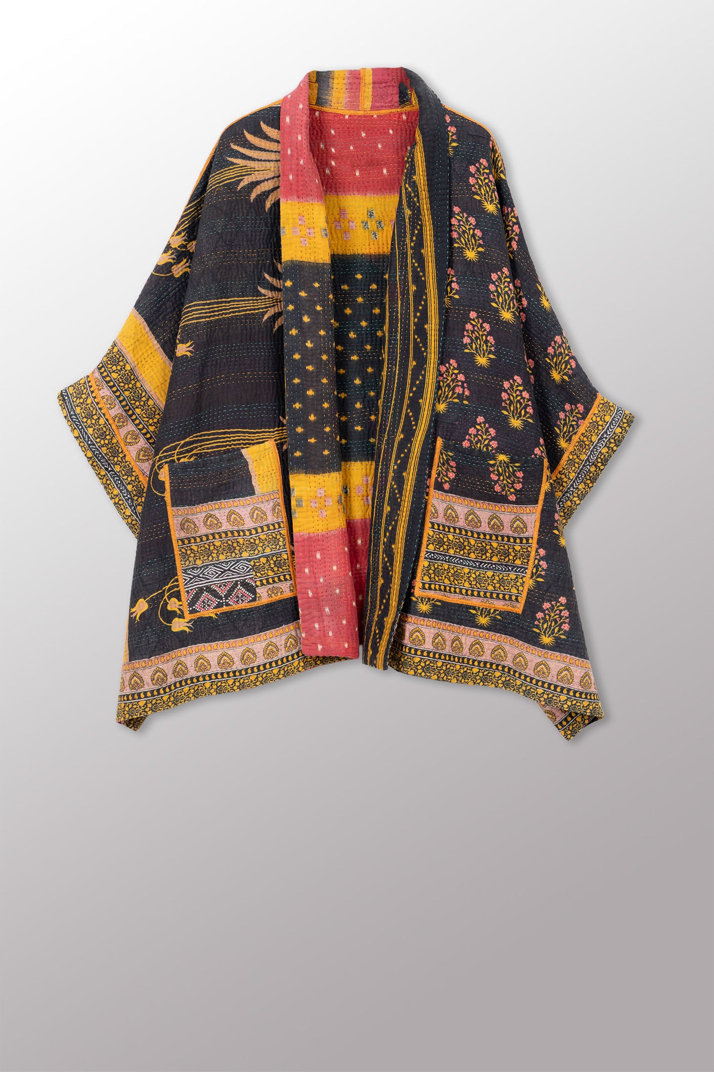 VINTAGE COTTON KANTHA DOUBLE COLLAR PONCHO - cv4323-0063a -