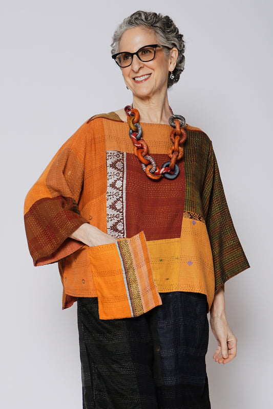 BROCADE PATCHED KANTHA 3/4 SLV. CROP TOP MIO - bp2538-org -