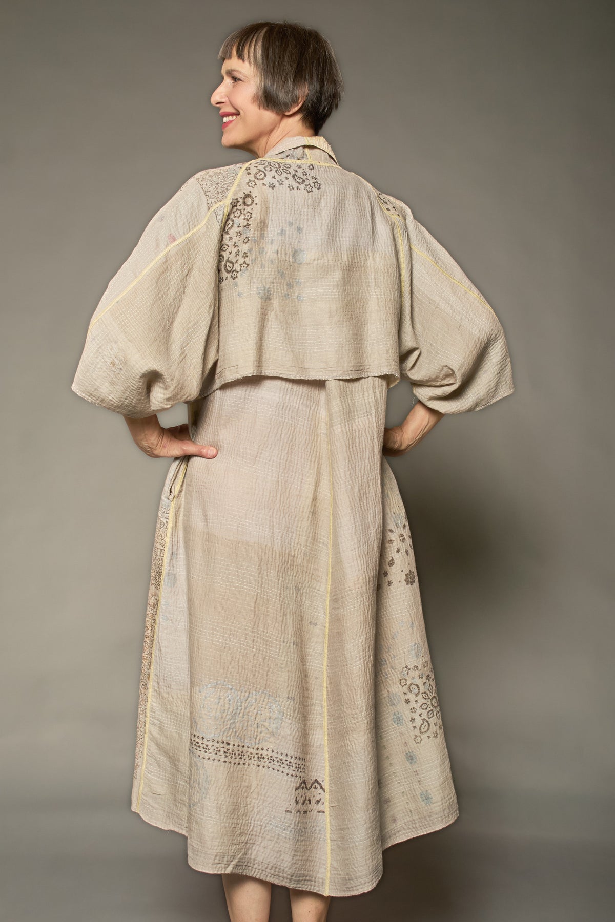 MOSAIC FRAY PATCH KANTHA V-NECK FRENCH SLV. DRESS - zb2467-ivy -