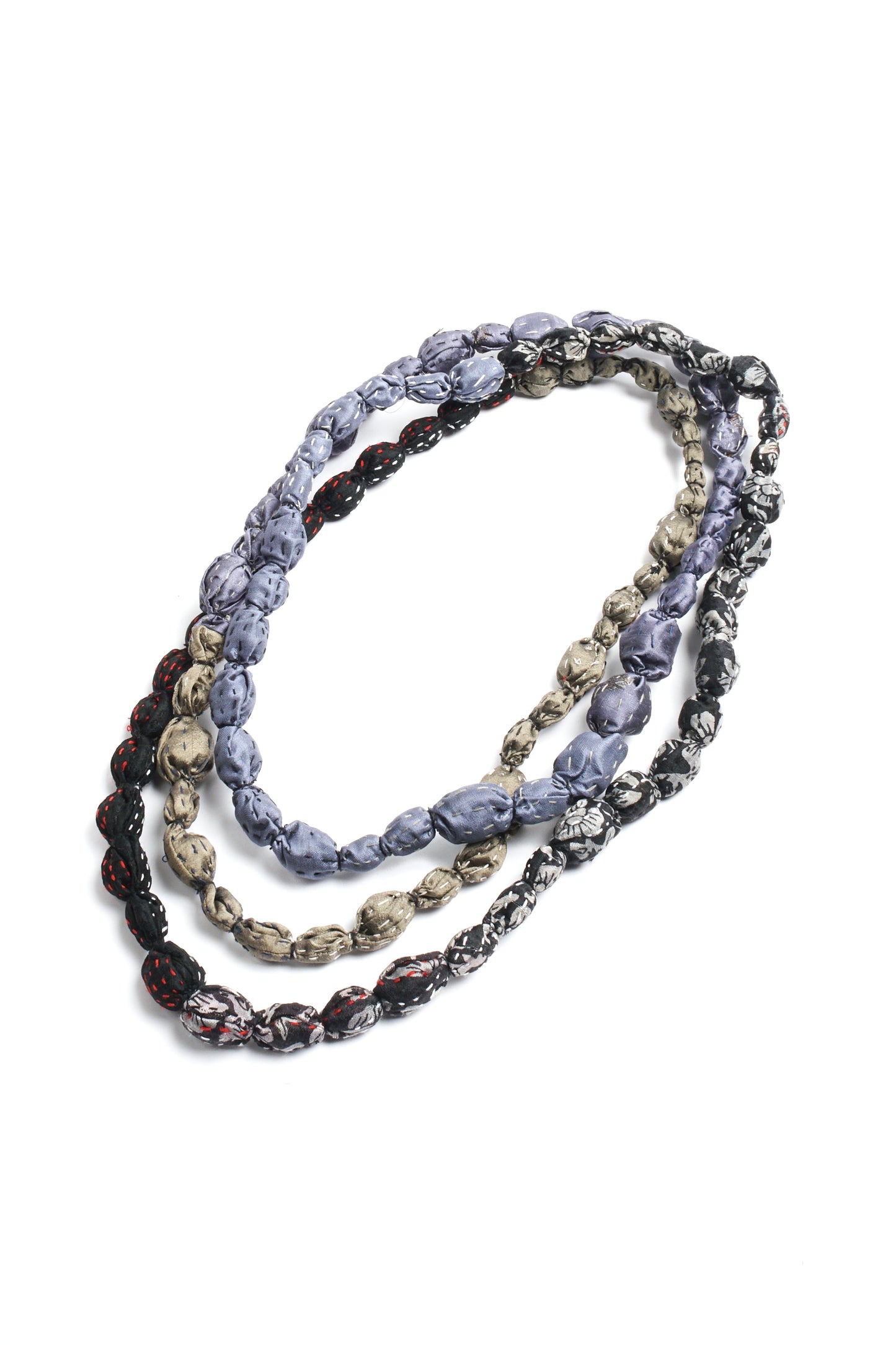 VINTAGE SILK KANTHA TIE-BEADS LONG NECKLACE - sv2707-gry -
