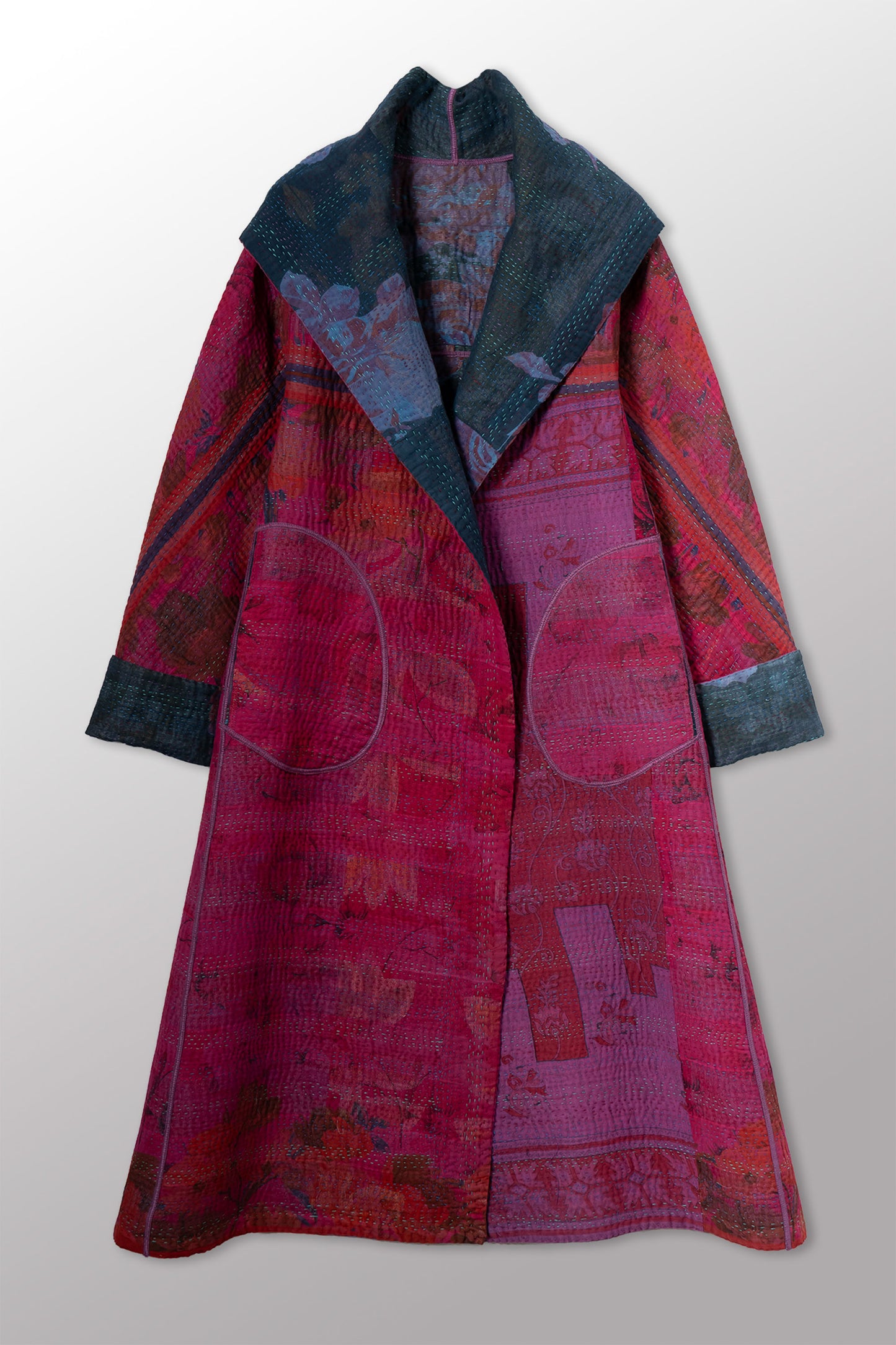 COTTON OVERDYE KANTHA HOODED A-LINE LONG COAT - ov4306-cfus001a -