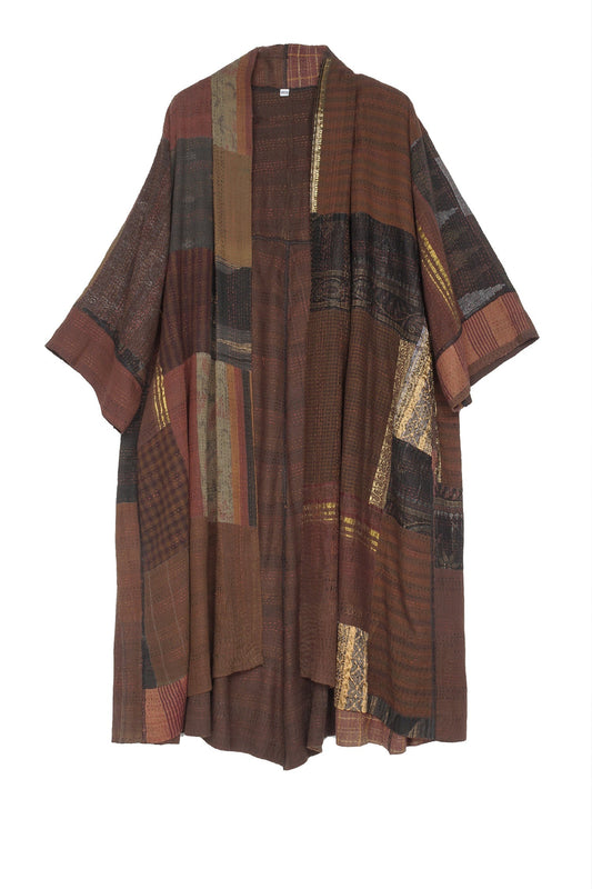 BROCADE PATCHED KANTHA 3/4 SLV. A-LINE DUSTER - bp2324-brn -