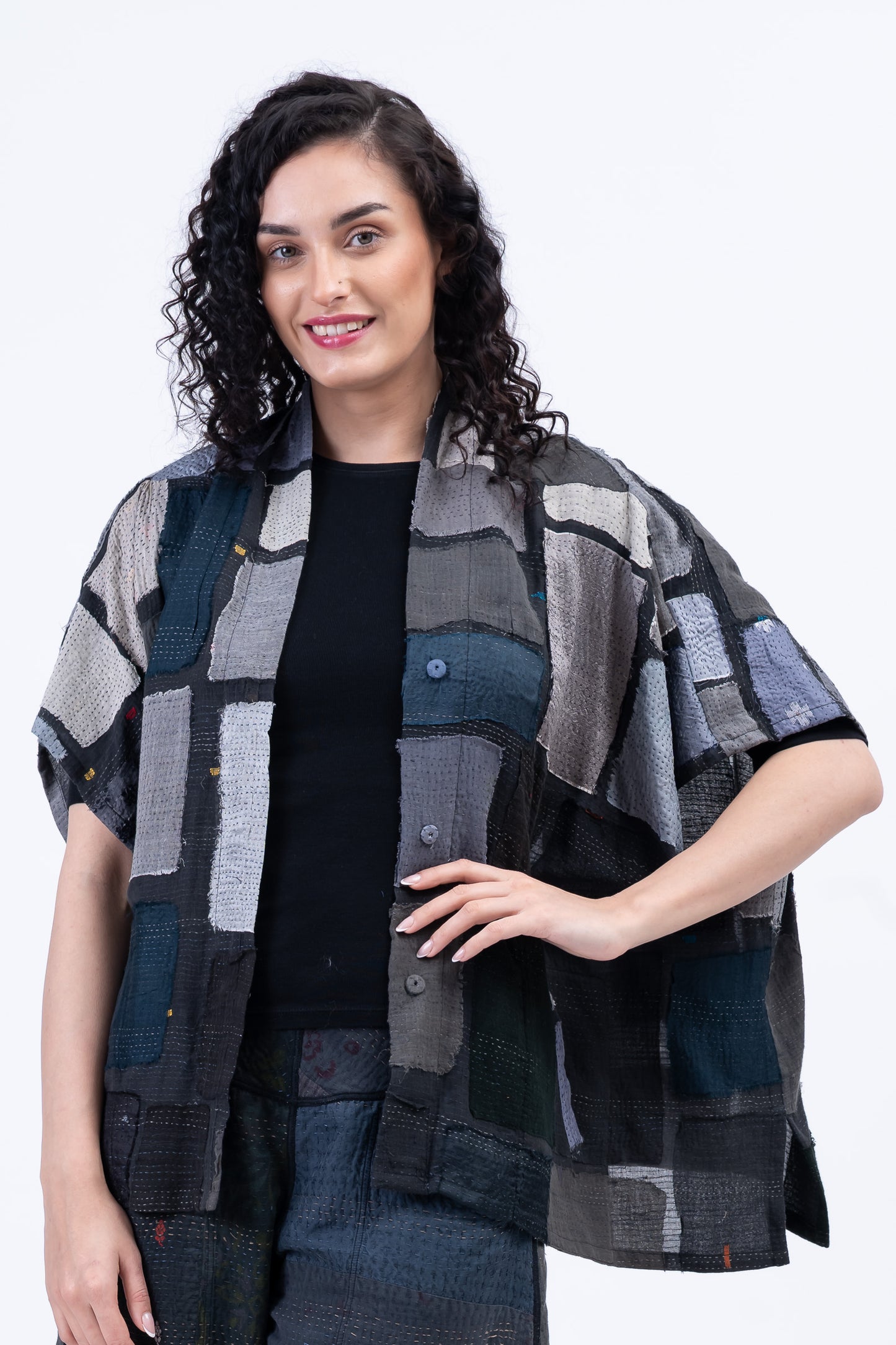 TONAL TILE PATCH KANTHA PONCHO TOP - tt2568-gry -