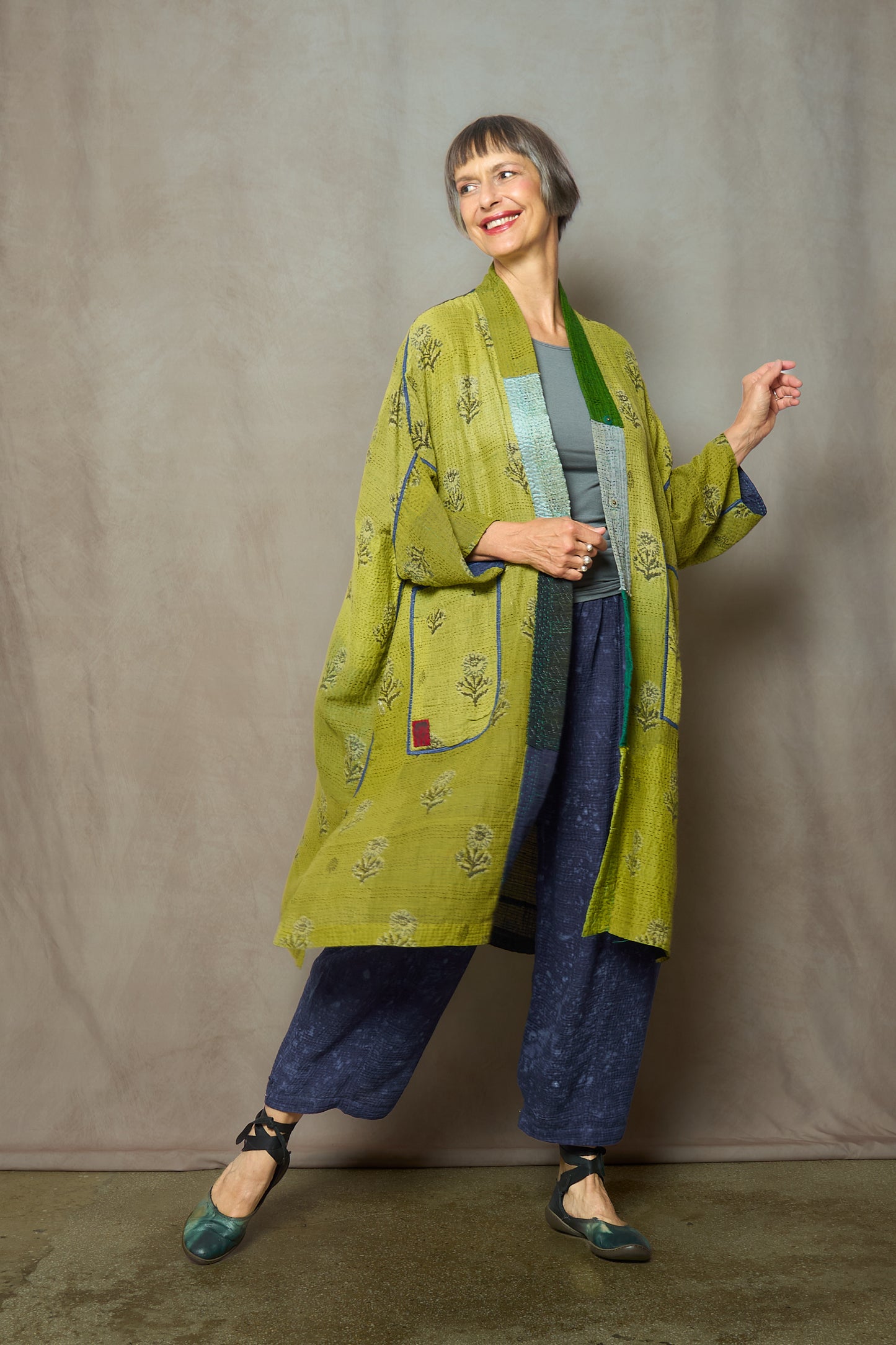 MARBLE FRAY PATCH KANTHA PONCHO TOPPER - mf2356-grn -