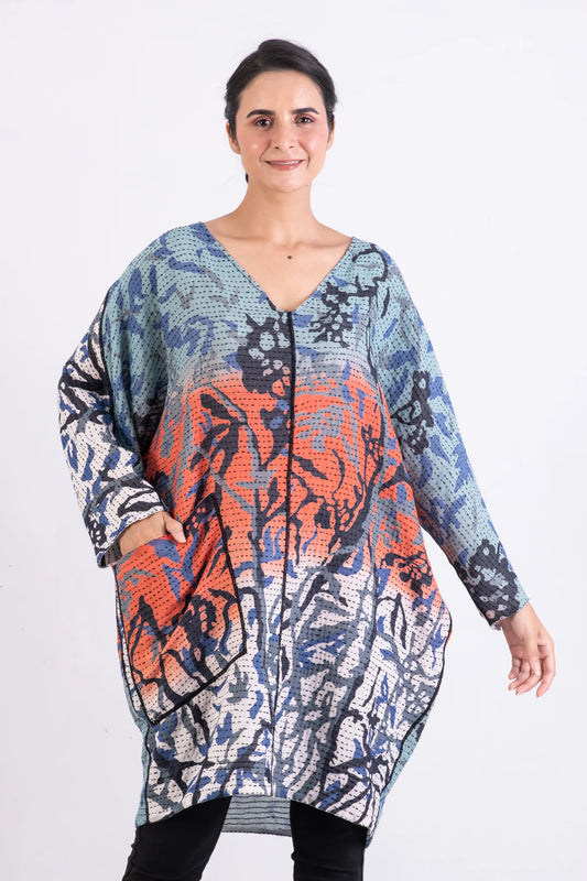 SUMMER BREEZE PRINT KANTHA DOLMAN SLV. DRESS - sz2410-blu -