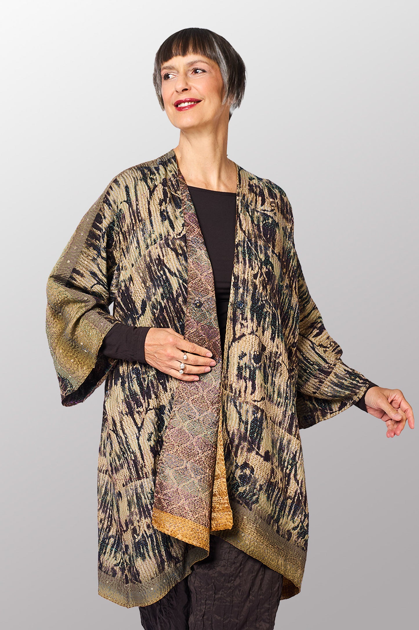 GEORGETTE JACQUARD VINTAGE SILK PATCH KANTHA KIMONO DUSTER - gj2317-0001a -