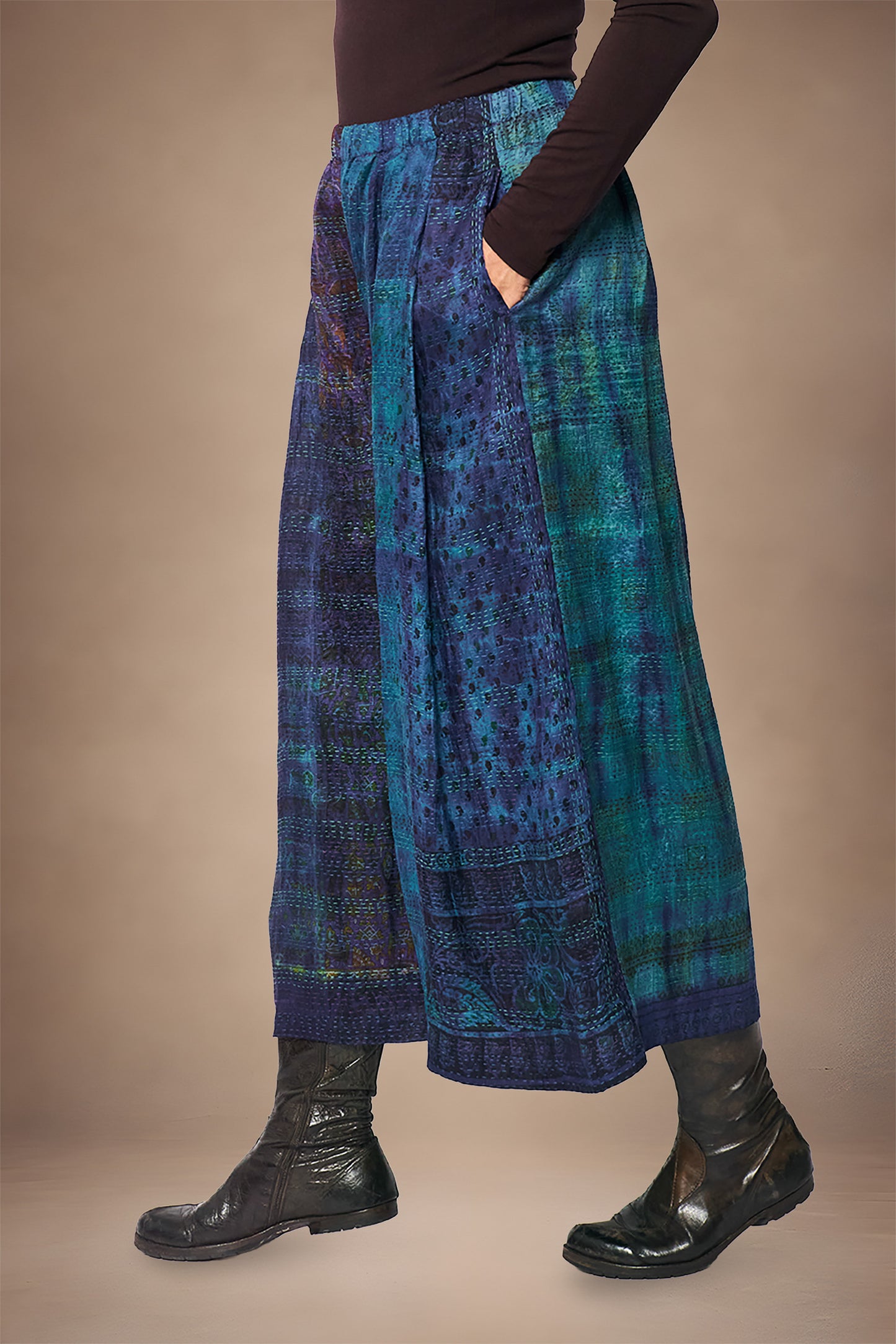 TIE DYE VINTAGE SILK KANTHA WIDE LEG LANTERN PANTS - st-sv2646-nvy -