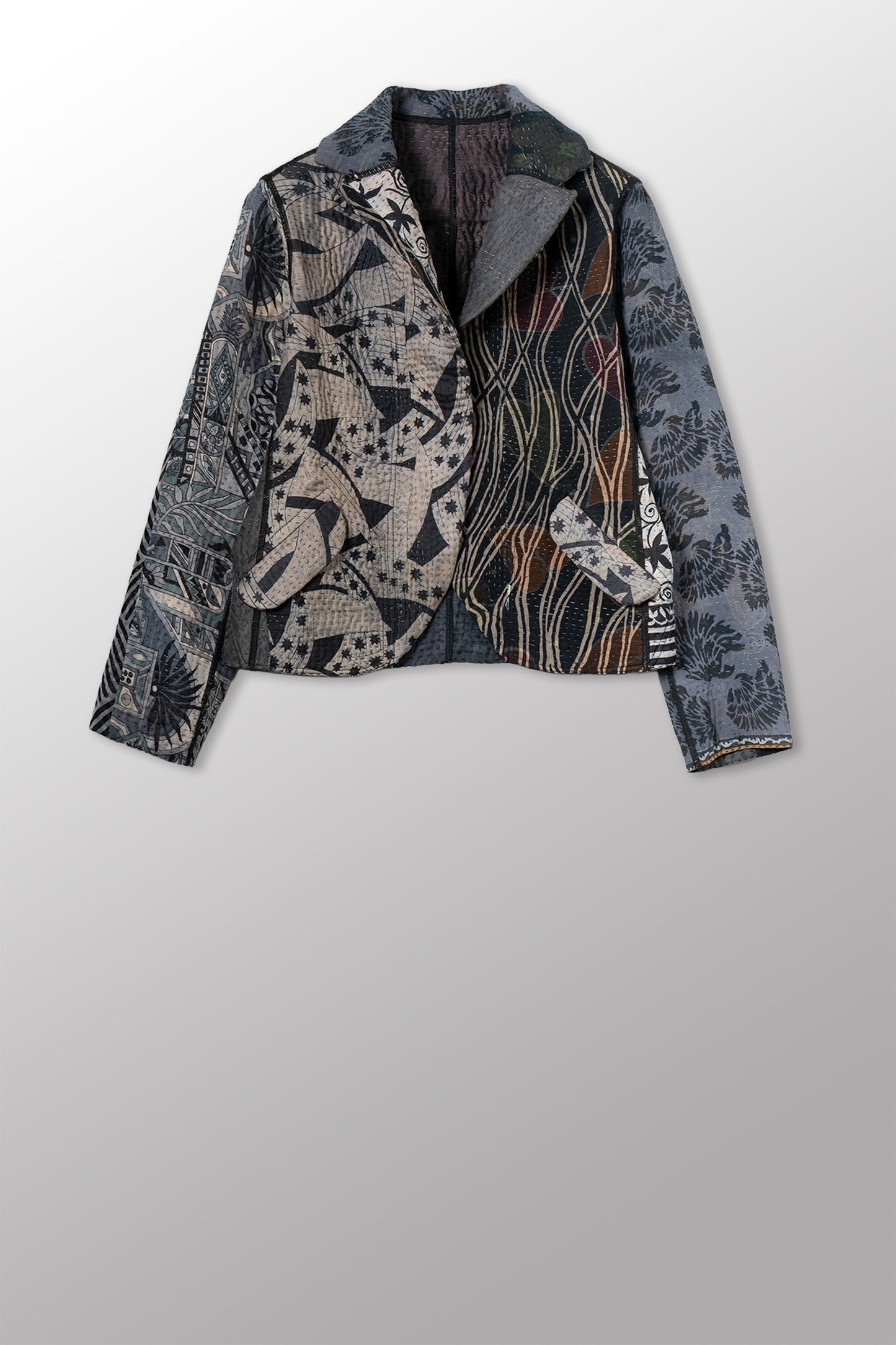 JACQUARD SILK KANTHA CROPPED BASIC JACKET - js4096-cblk001s -