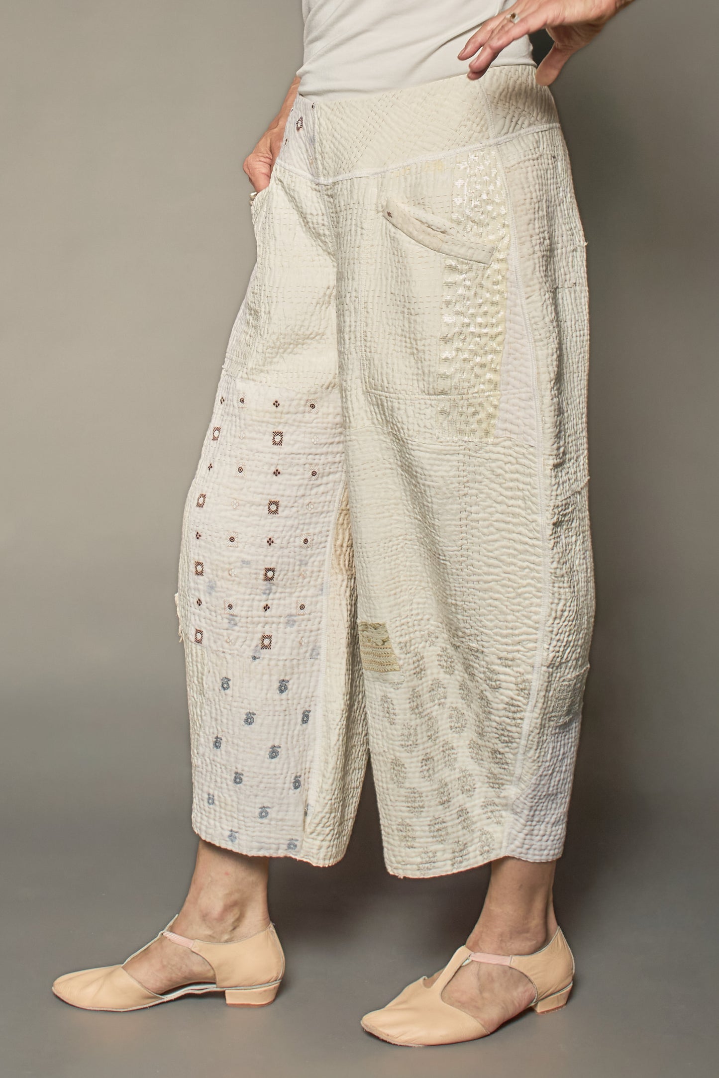 FRAYED PATCH KANTHA LANTERN PANTS - fi4634-ivy -