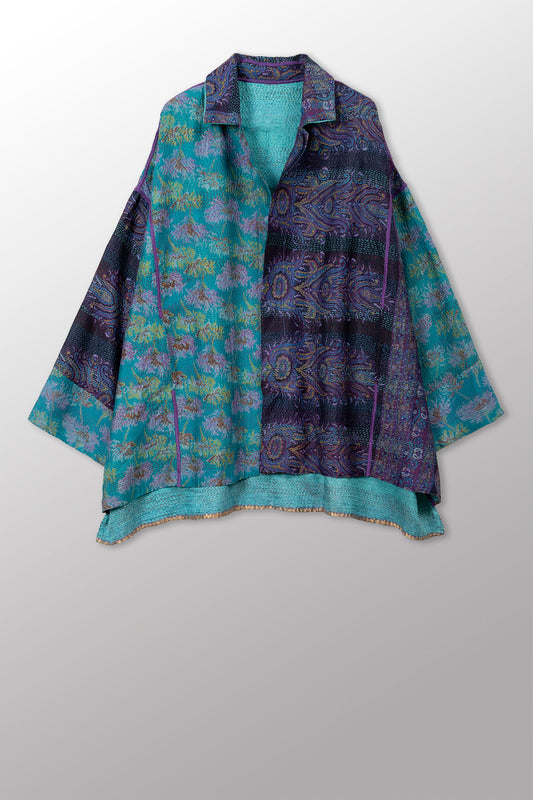 GEORGETTE JACQUARD VINTAGE SILK PATCH KANTHA OVERSIZED MINI COAT - gj2332-0001a -