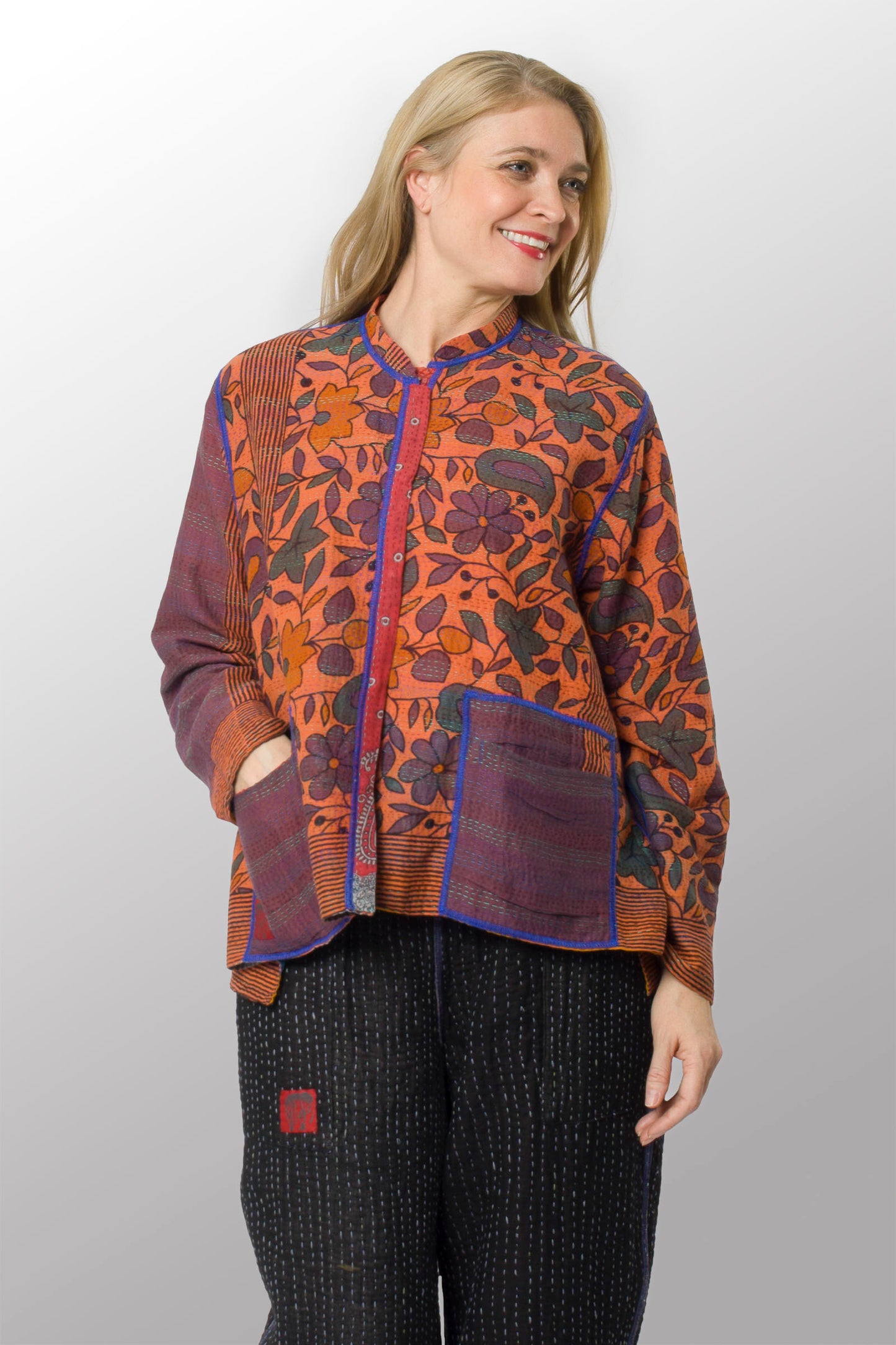 VINTAGE COTTON KANTHA KAFTAN JACKET SHORT - cv2088-0001m -