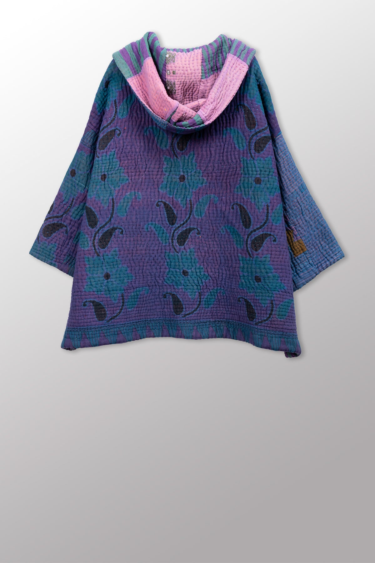 QUILTED OVERDYE COTTON KANTHA HOODIE PONCHO - oq5064-cblu007a -