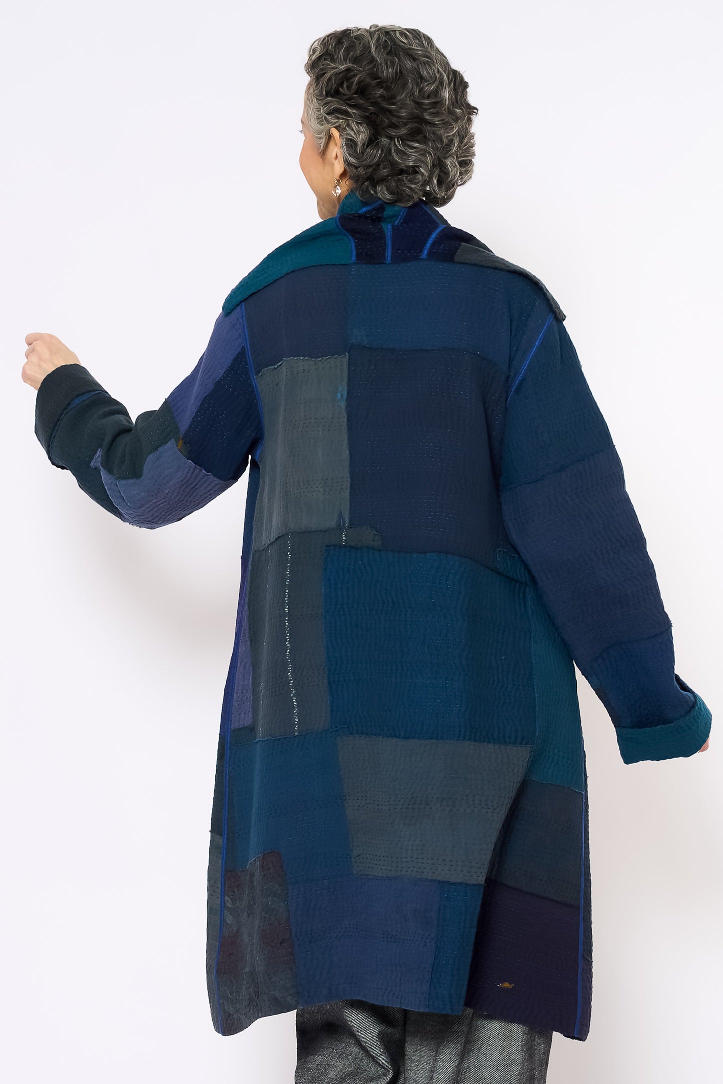 FRAYED PATCH KANTHA POCKET MEDIUM COAT - fi4316-nvy -