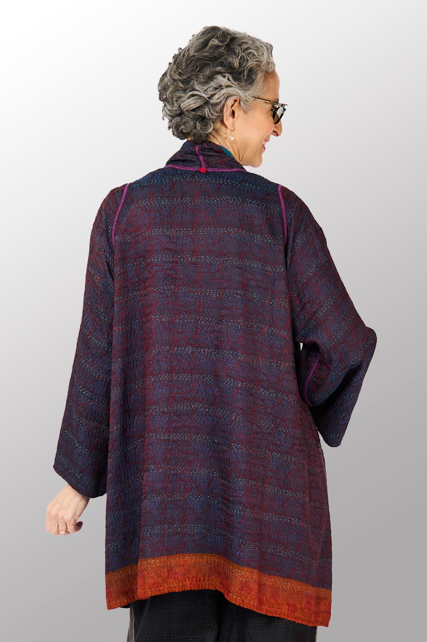 GEORGETTE JACQUARD VINTAGE SILK PATCH KANTHA A-LINE JACKET - gj2003-0001a -