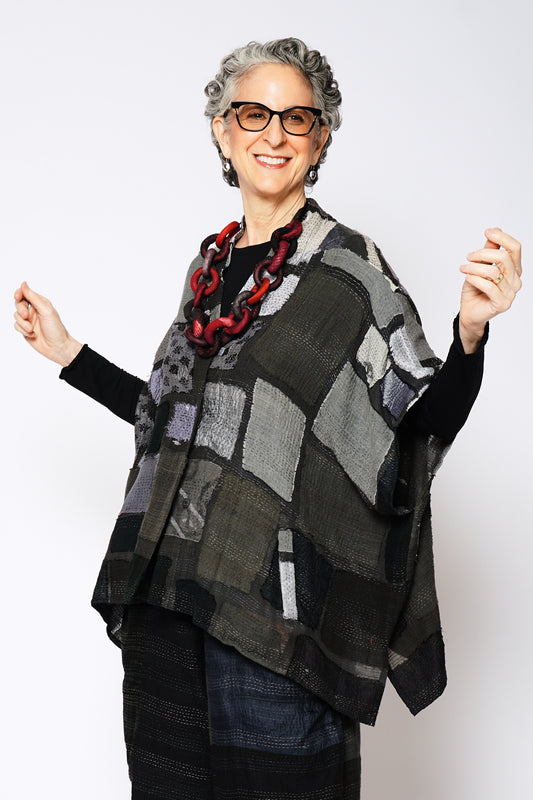 TONAL TILE PATCH KANTHA PONCHO TOP - tt2568-gry -