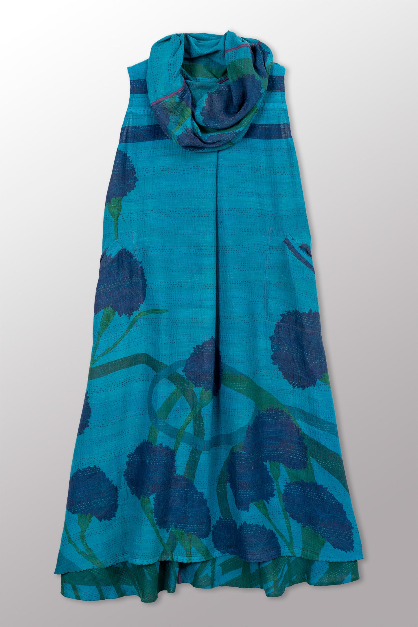 MARIGOLD PRINT WITH OVERDYE KANTHA COWL NECK MAXI DRESS - ov-mg2438-tuq -