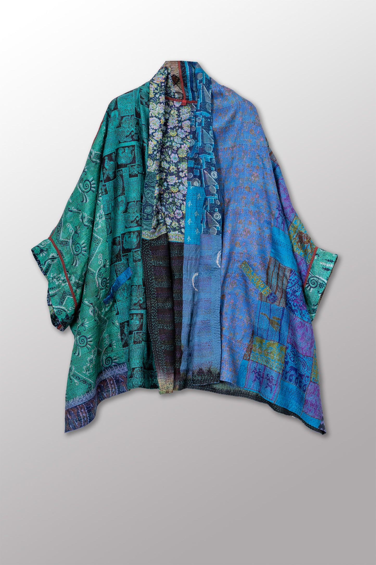 VINTAGE SILK KANTHA DOUBLE COLLAR PONCHO - sv2323-0017a -