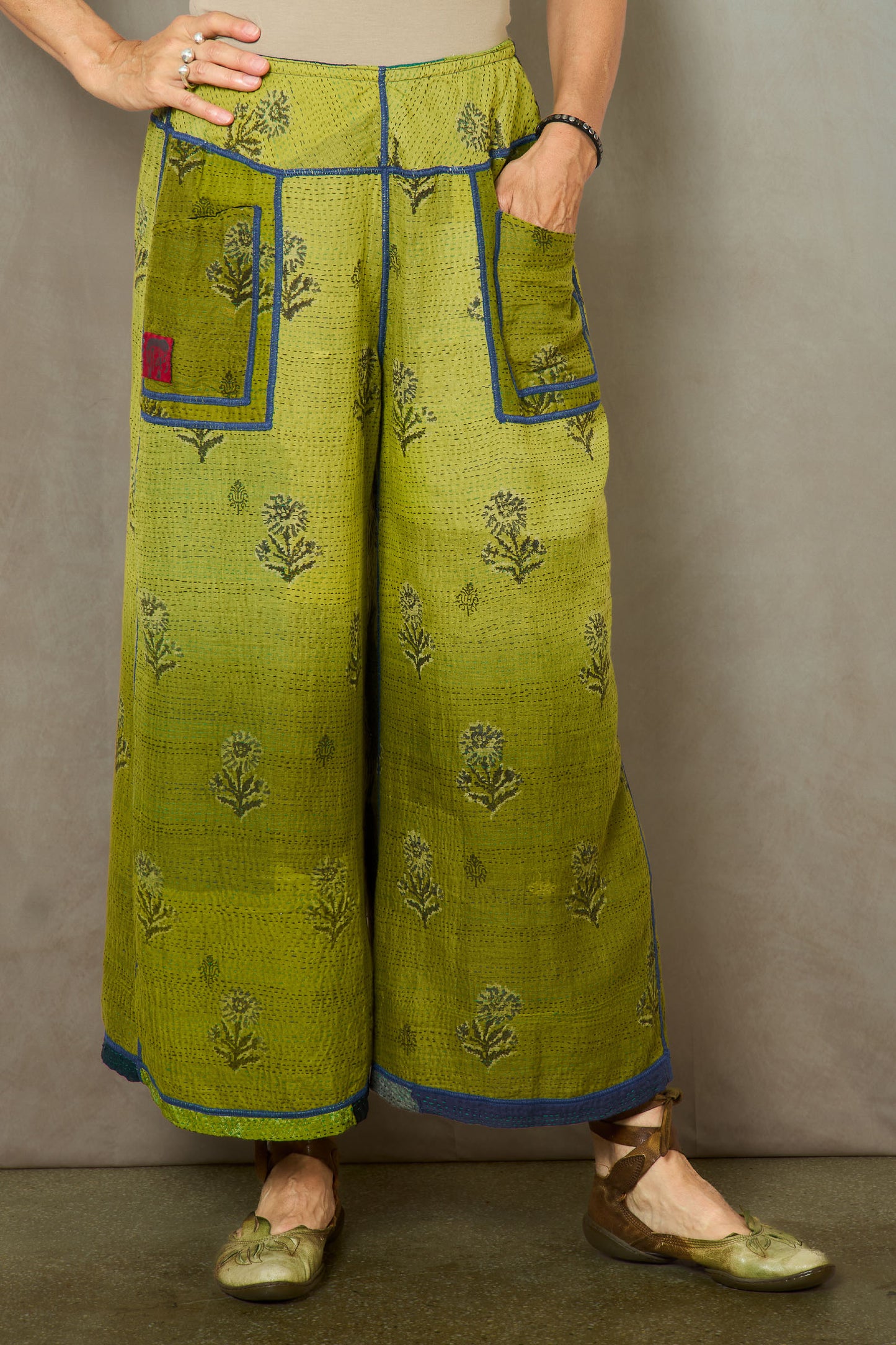 MARBLE FRAY PATCH KANTHA MID RISE WIDE LEG PANTS - mf2665-grn -