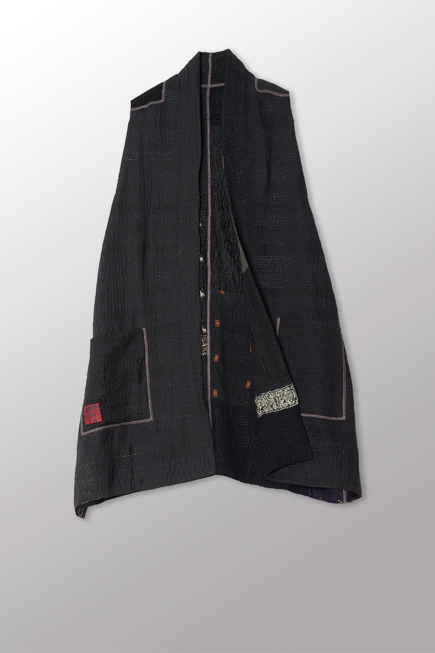 COTTON SILK SW PATCH KANTHA KIMONO VEST - ws4247-blk -