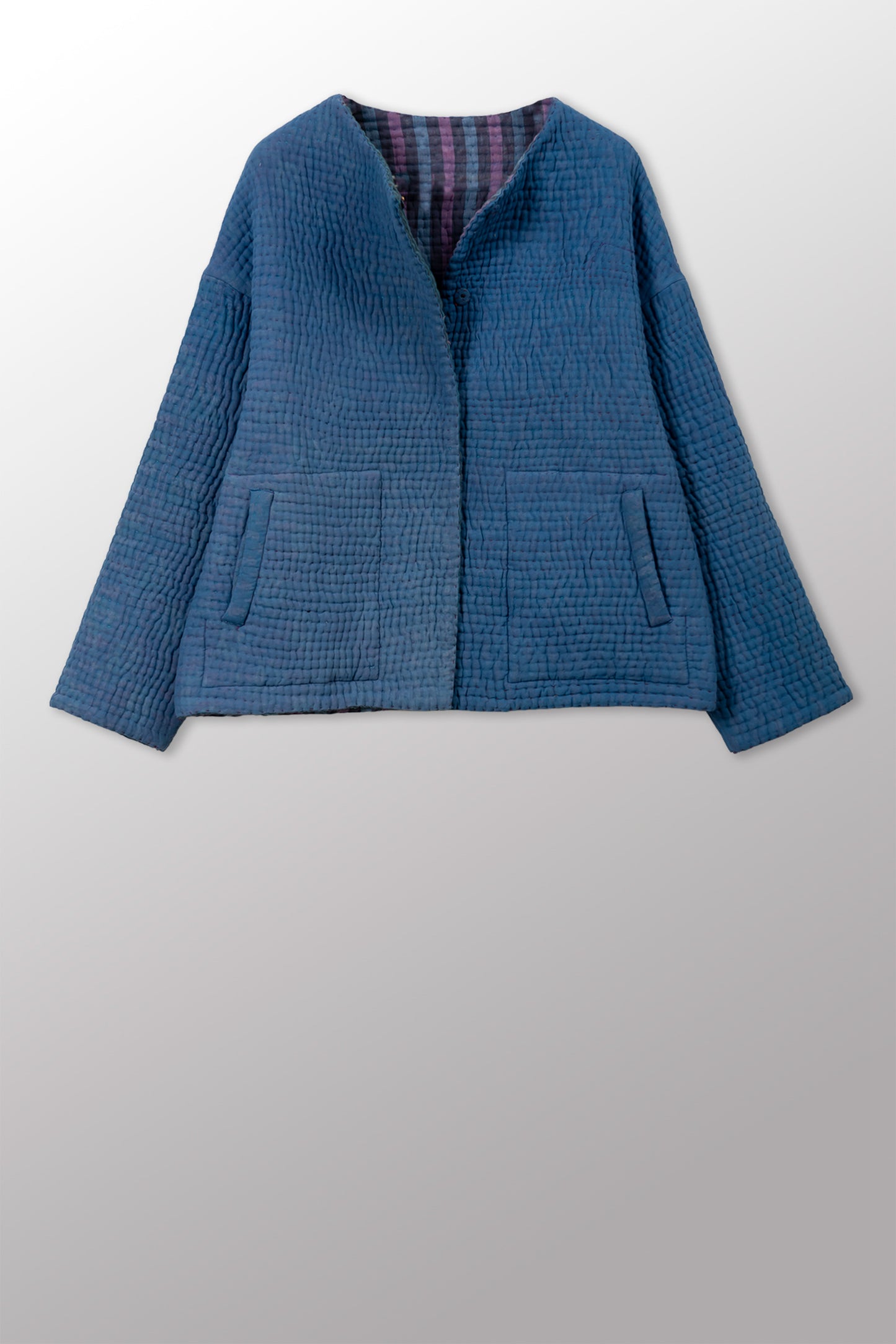 QUILTED OVERDYE COTTON KANTHA CREW NECK SHORT JKT - oq5053-cblu003a -