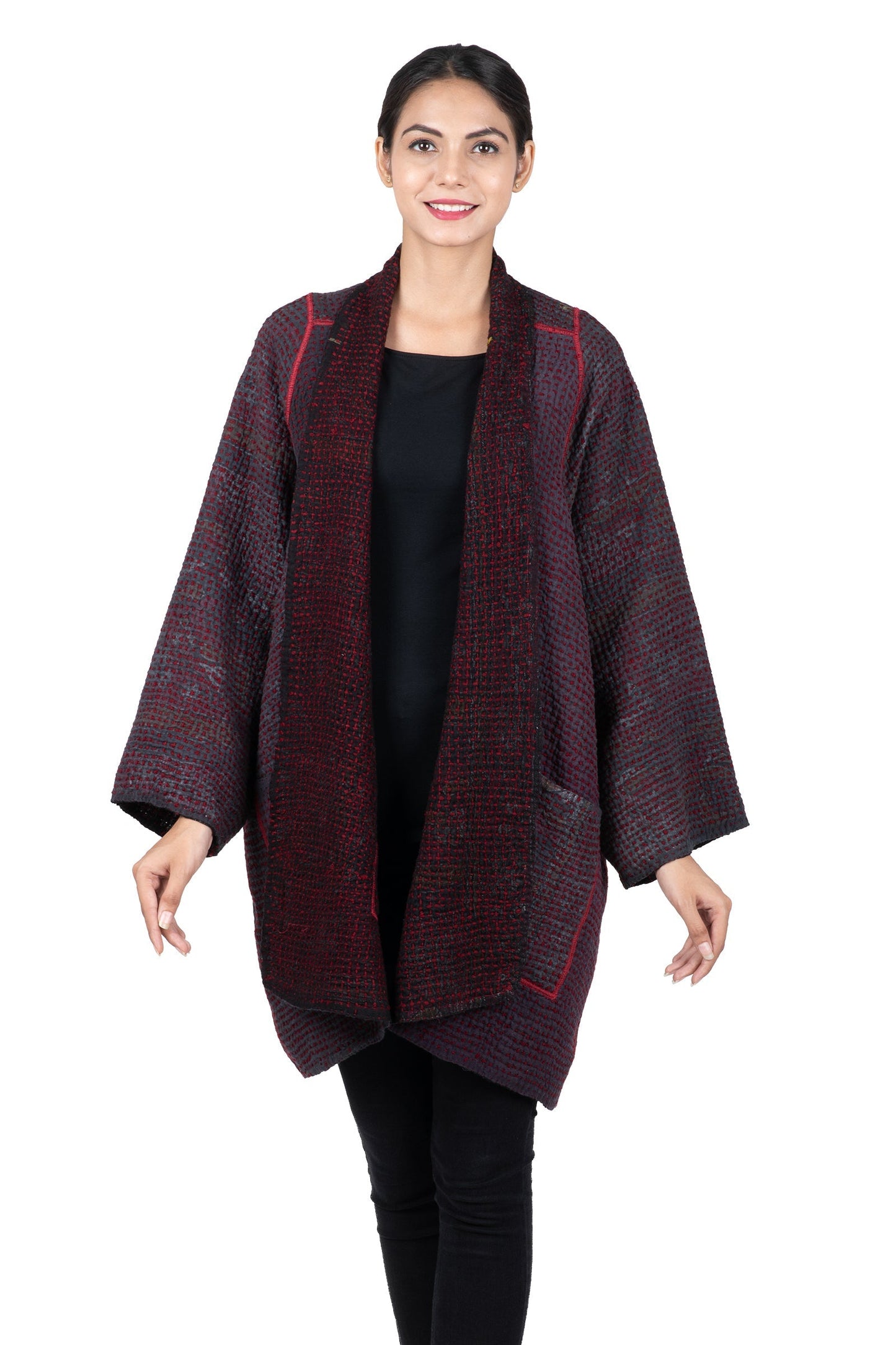 WOOL WAFFLE KANTHA A-LINE JKT - ww3003-red -